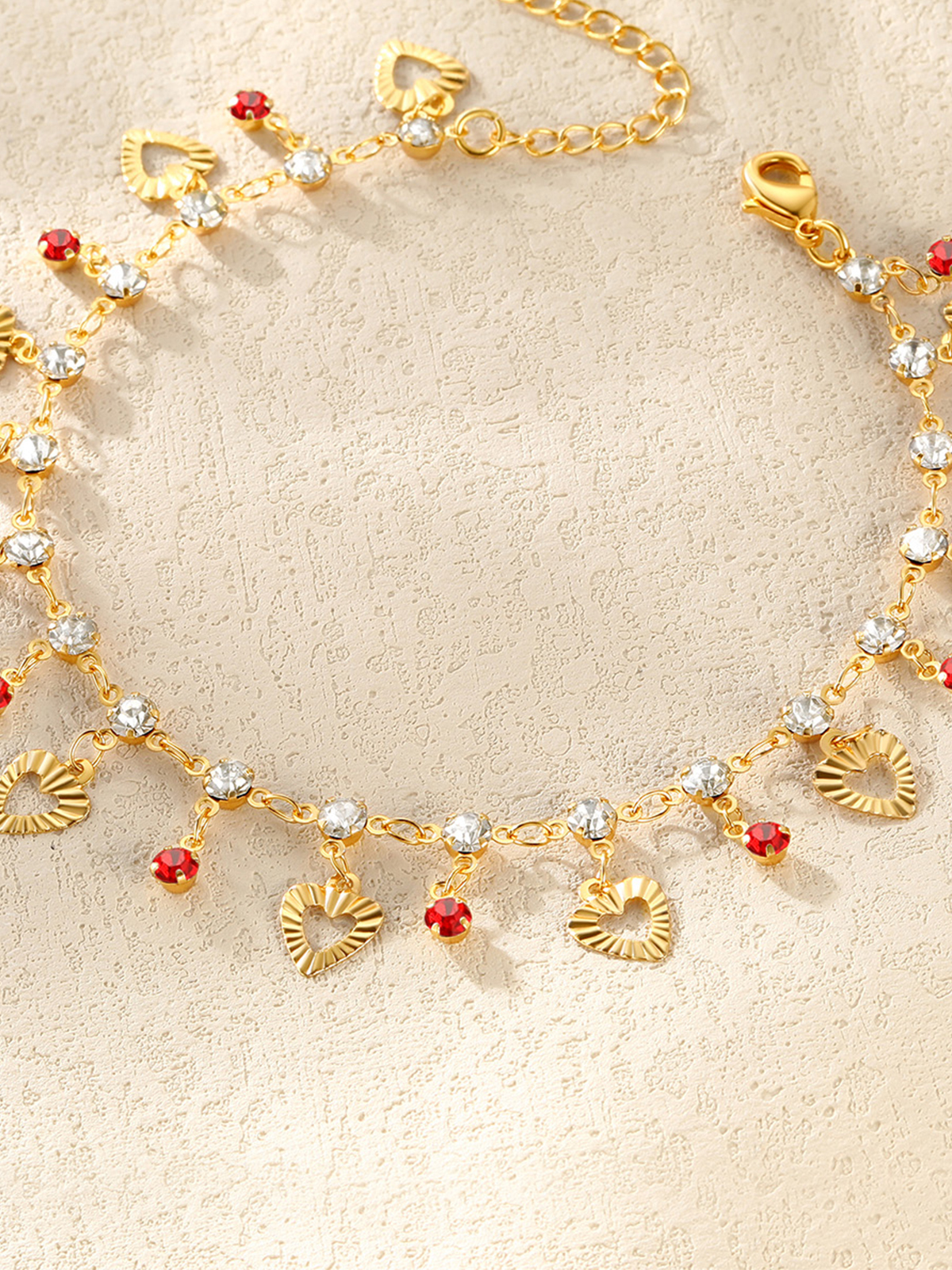 Heart Charm Anklet with Red Rhinestone in 18K Gold Plated