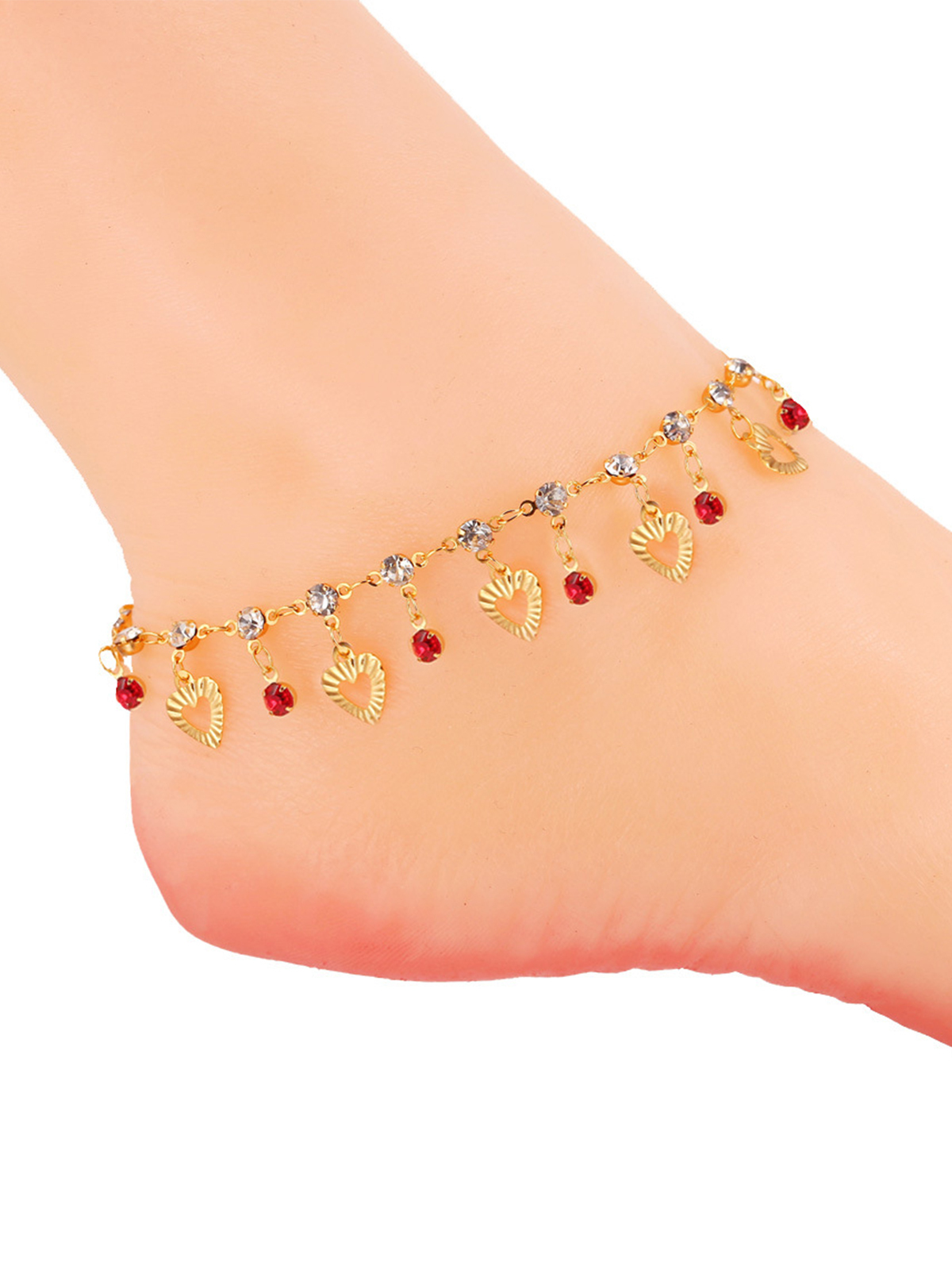Heart Charm Anklet with Red Rhinestone in 18K Gold Plated