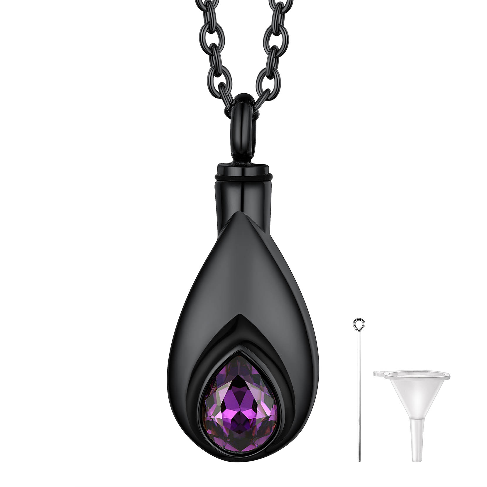 Teardrop Birthstone Pendant Cremation Urn Necklace in Black Plated