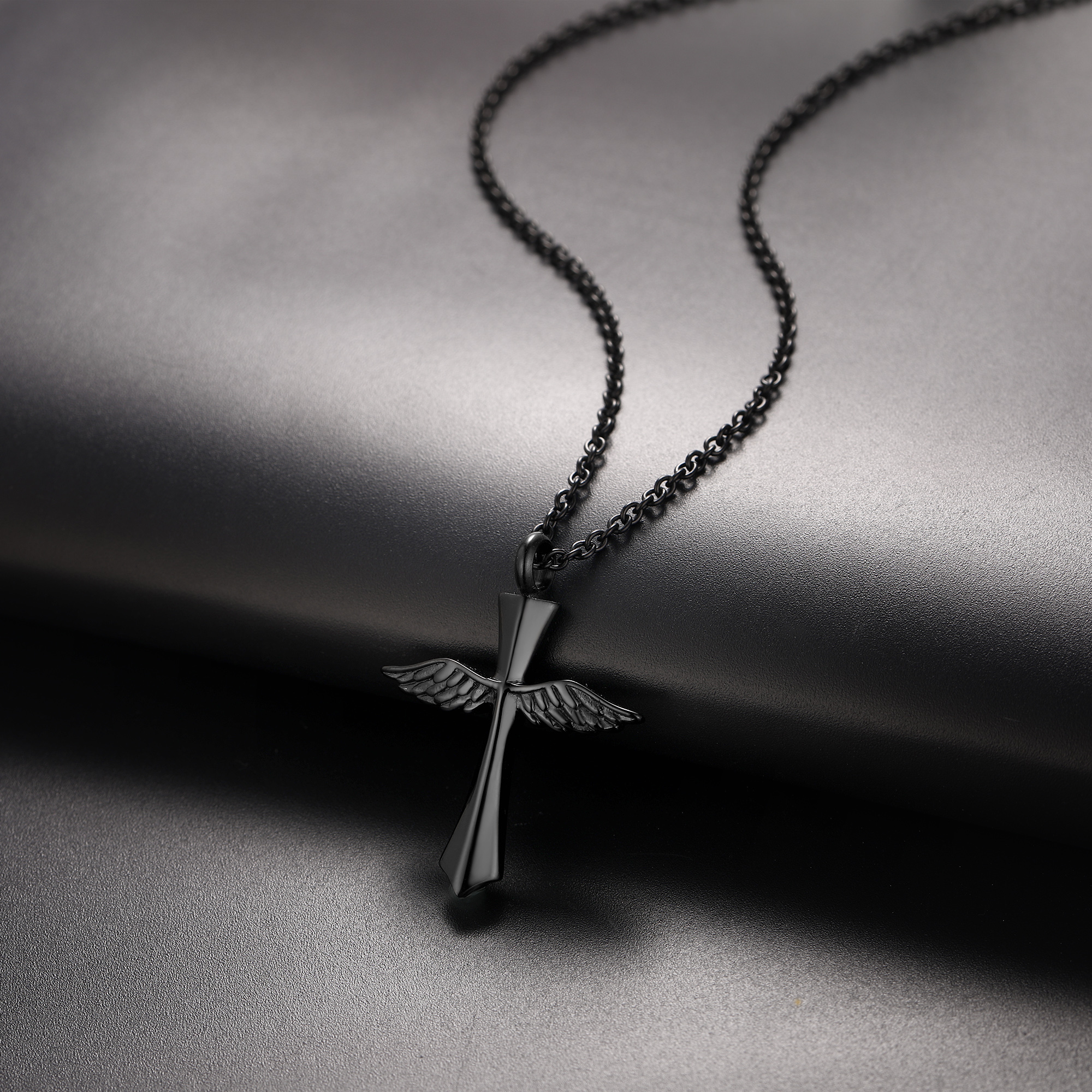 Angel Wing Cross Pendant Urn Cremation Necklace, Stainless Steel-01