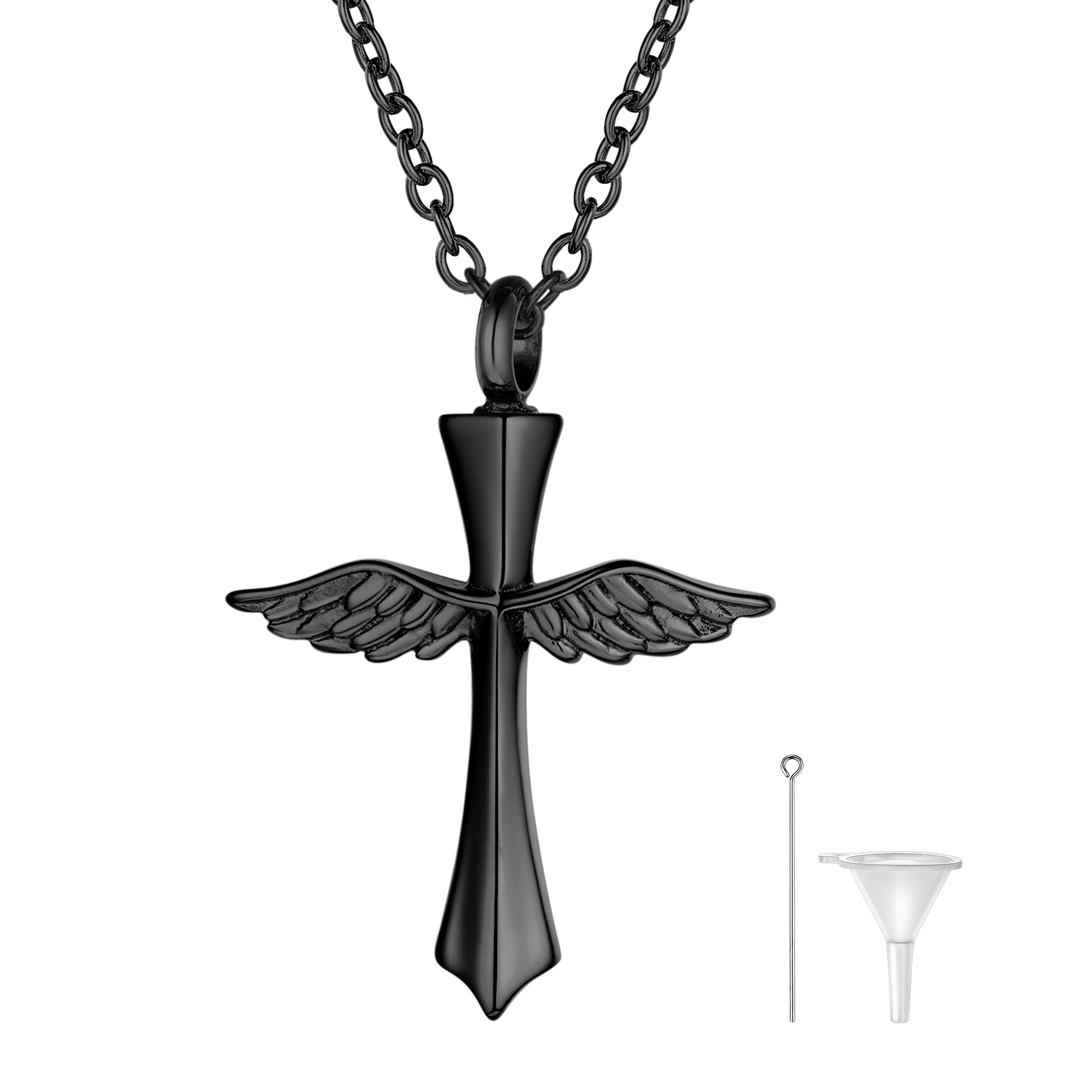Angel Wing Cross Pendant Urn Cremation Necklace in Black Plated