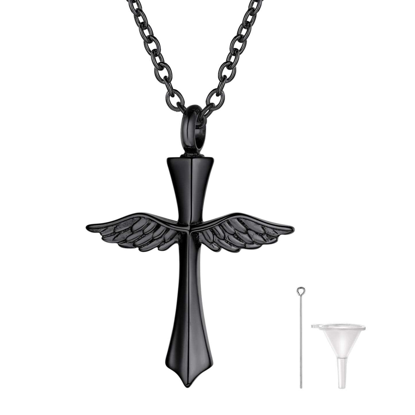 Angel Wing Cross Pendant Urn Cremation Necklace in Black Plated