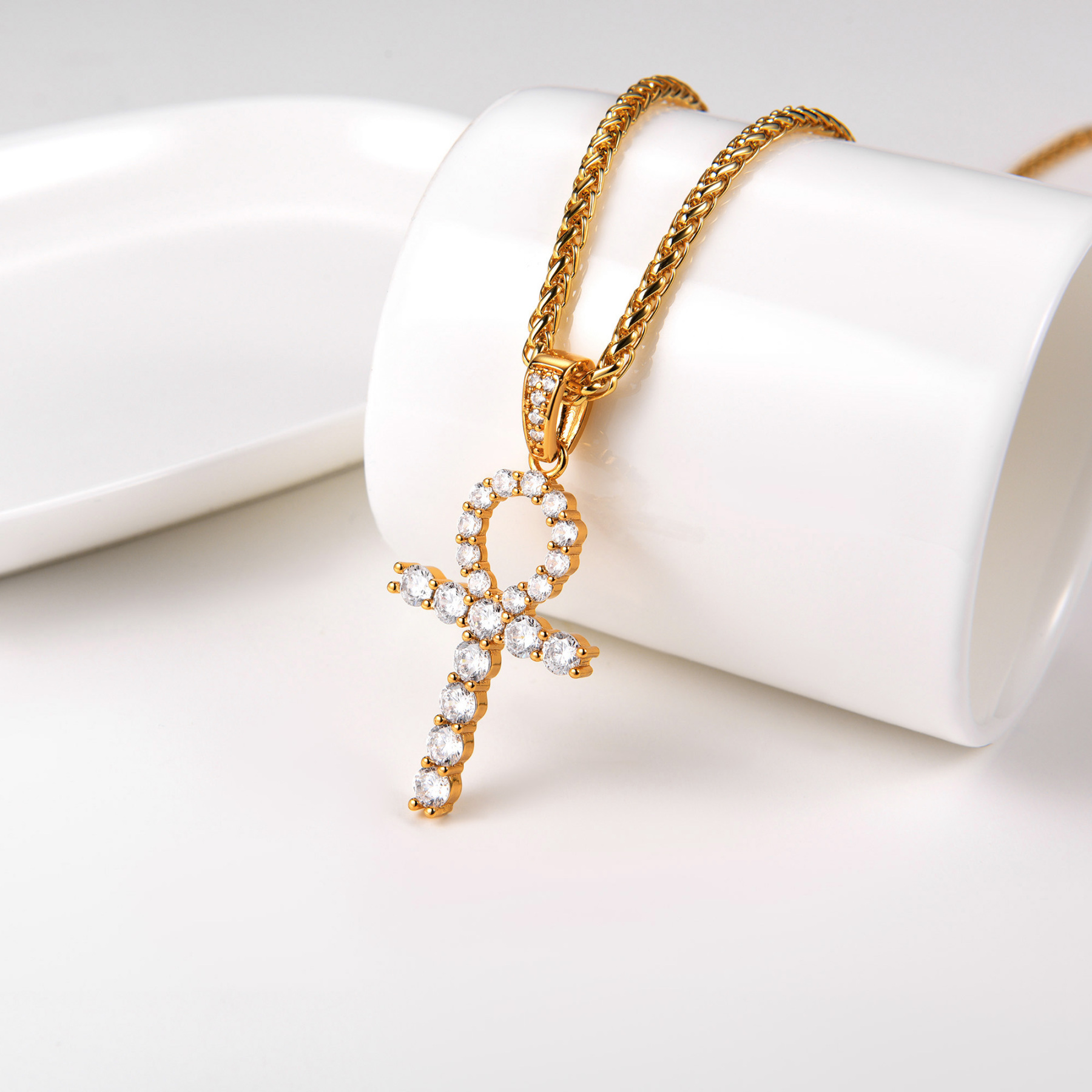 Ankh Cross Pendant Iced Out Egyptian Necklace with CZ, 18K Gold Plated-01