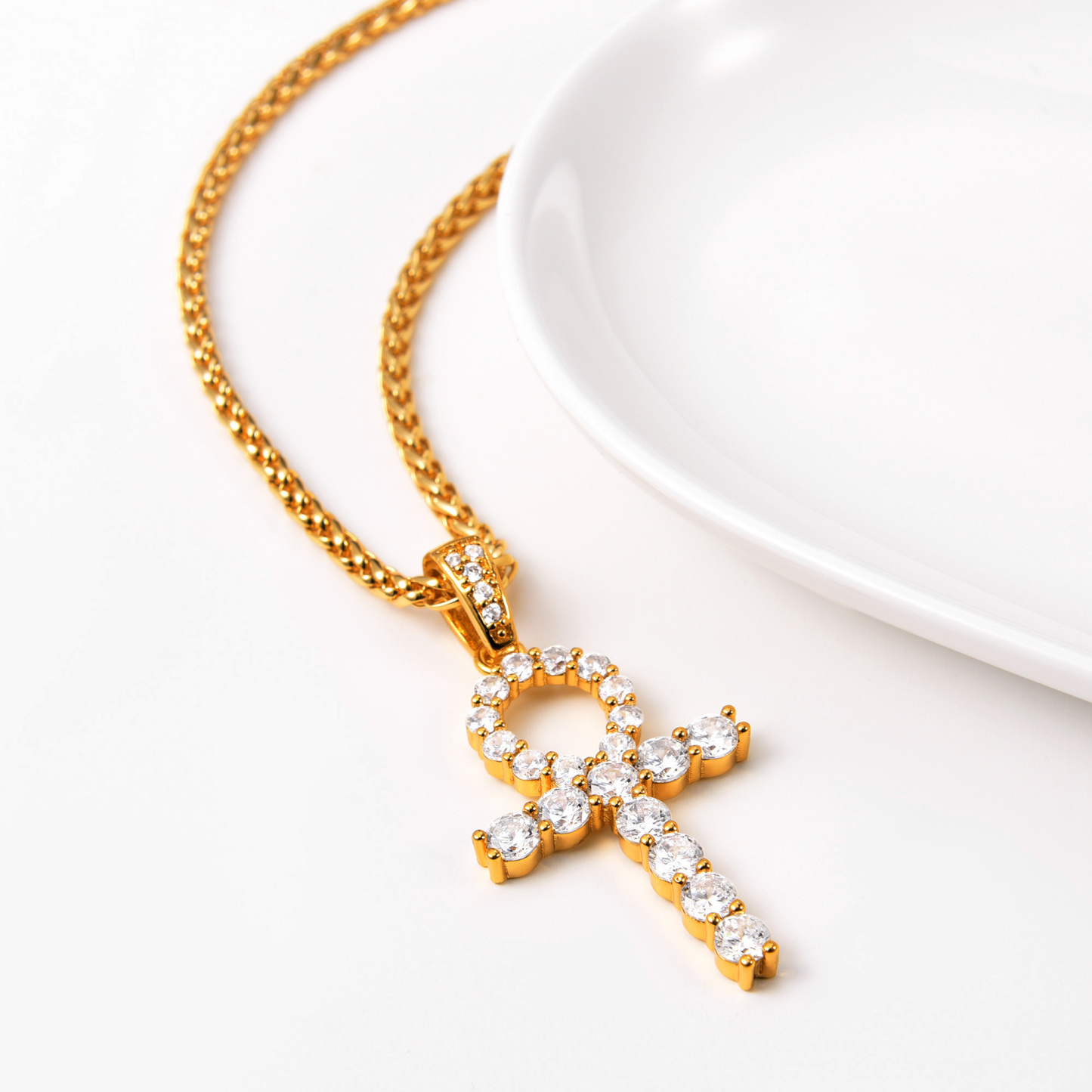 Ankh Cross Pendant Iced Out Egyptian Necklace with CZ, 18K Gold Plated-02