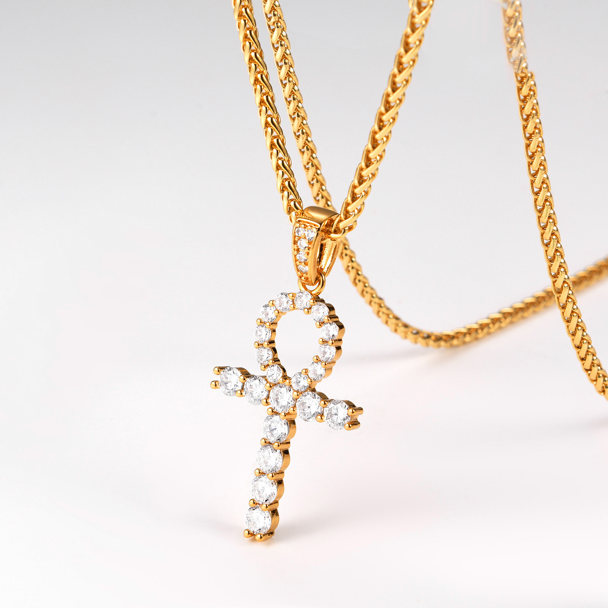 Ankh Cross Pendant Iced Out Egyptian Necklace with CZ, 18K Gold Plated-03