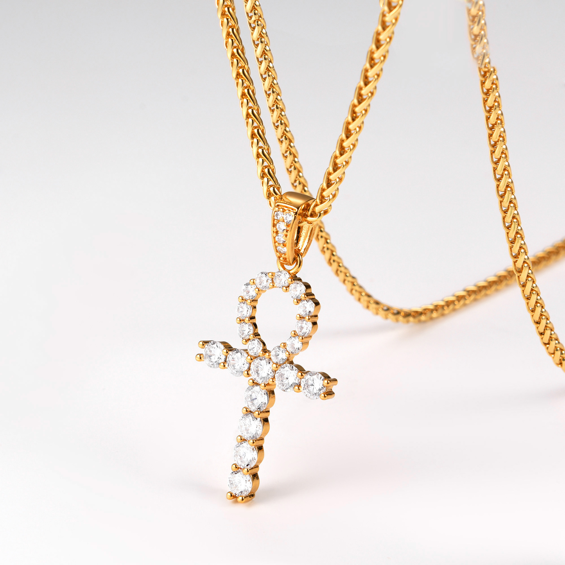 Ankh Cross Pendant Iced Out Egyptian Necklace with CZ, 18K Gold Plated-03