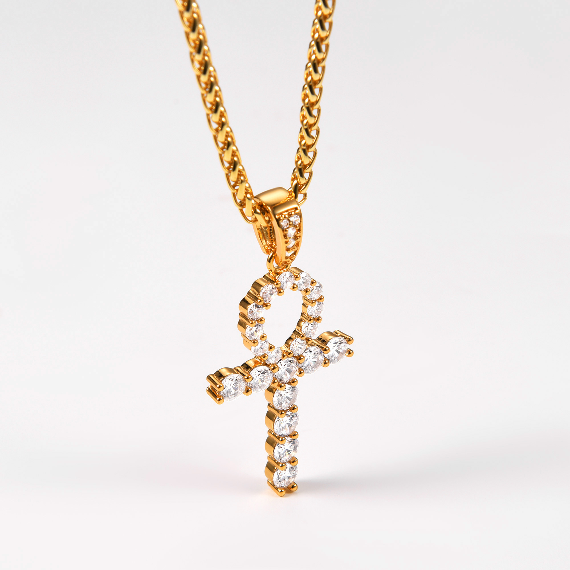Ankh Cross Pendant Iced Out Egyptian Necklace with CZ, 18K Gold Plated-04