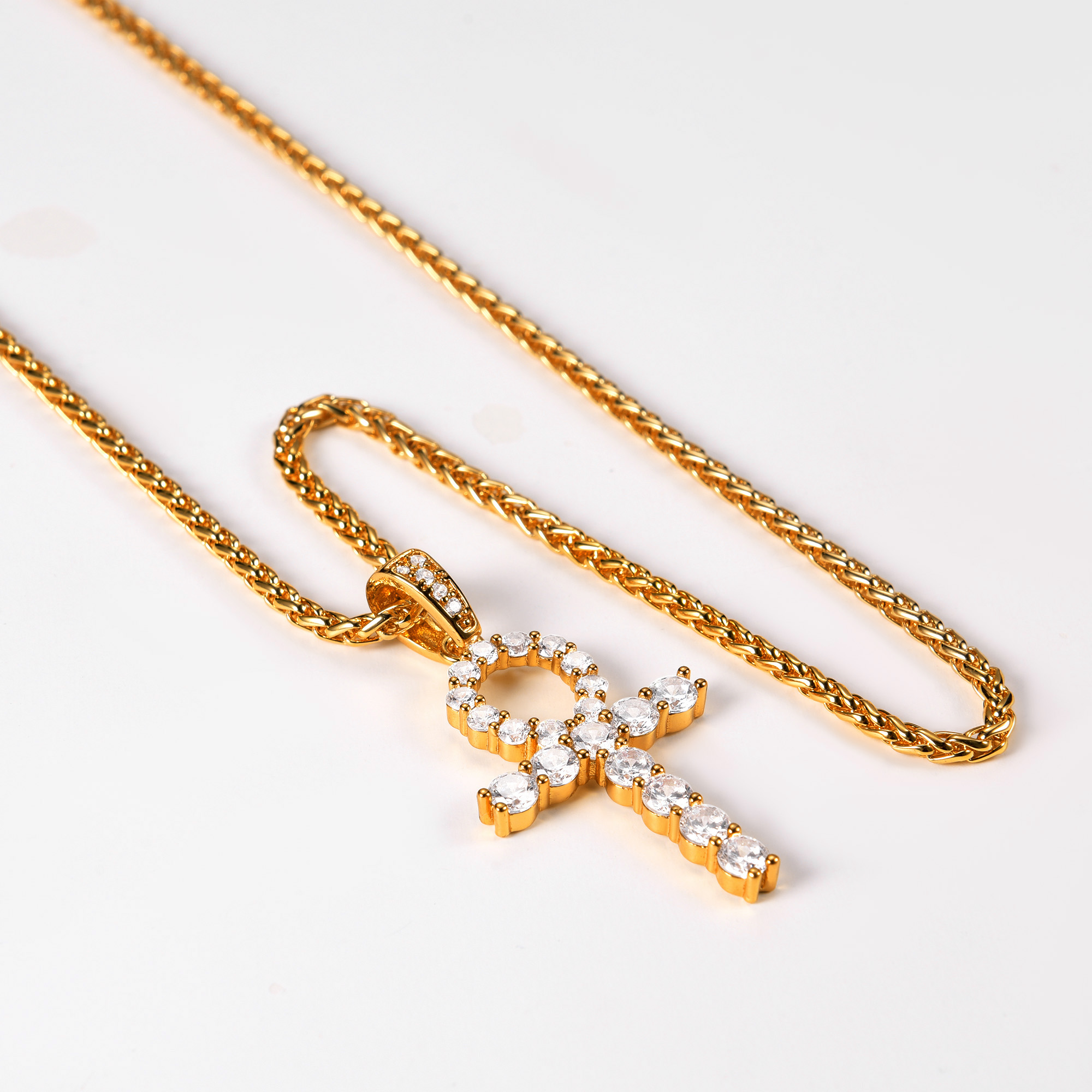 Ankh Cross Pendant Iced Out Egyptian Necklace with CZ, 18K Gold Plated-05