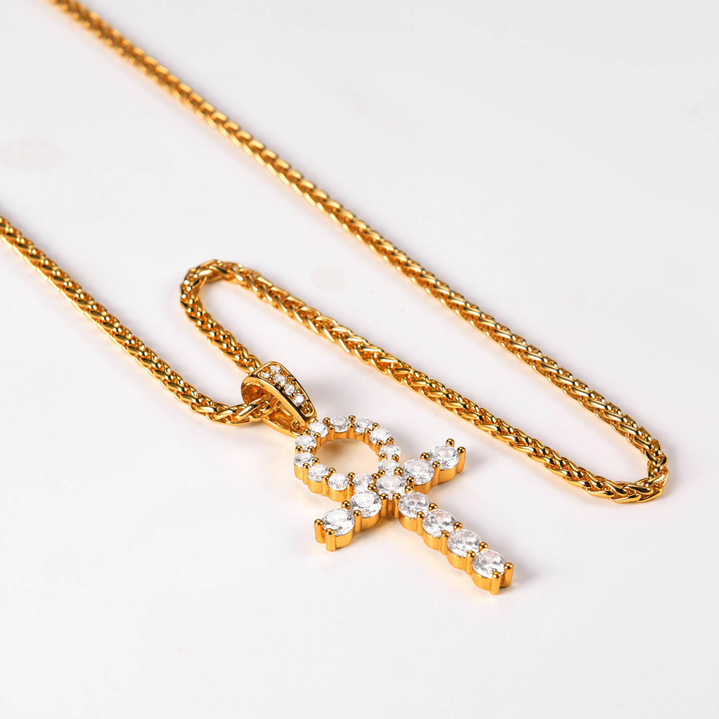 Ankh Cross Pendant Iced Out Egyptian Necklace with CZ, 18K Gold Plated-05