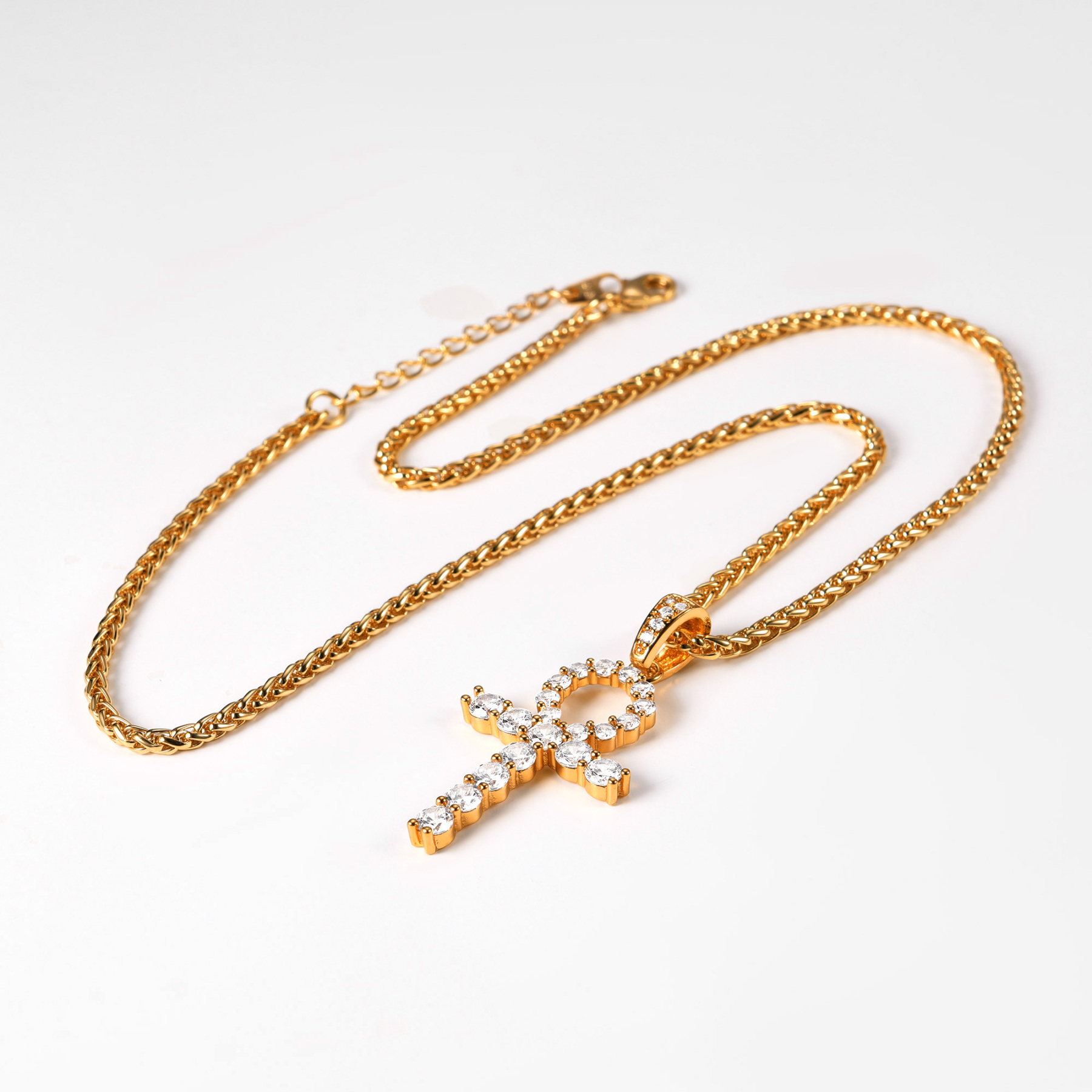 Ankh Cross Pendant Iced Out Egyptian Necklace with CZ, 18K Gold Plated-06