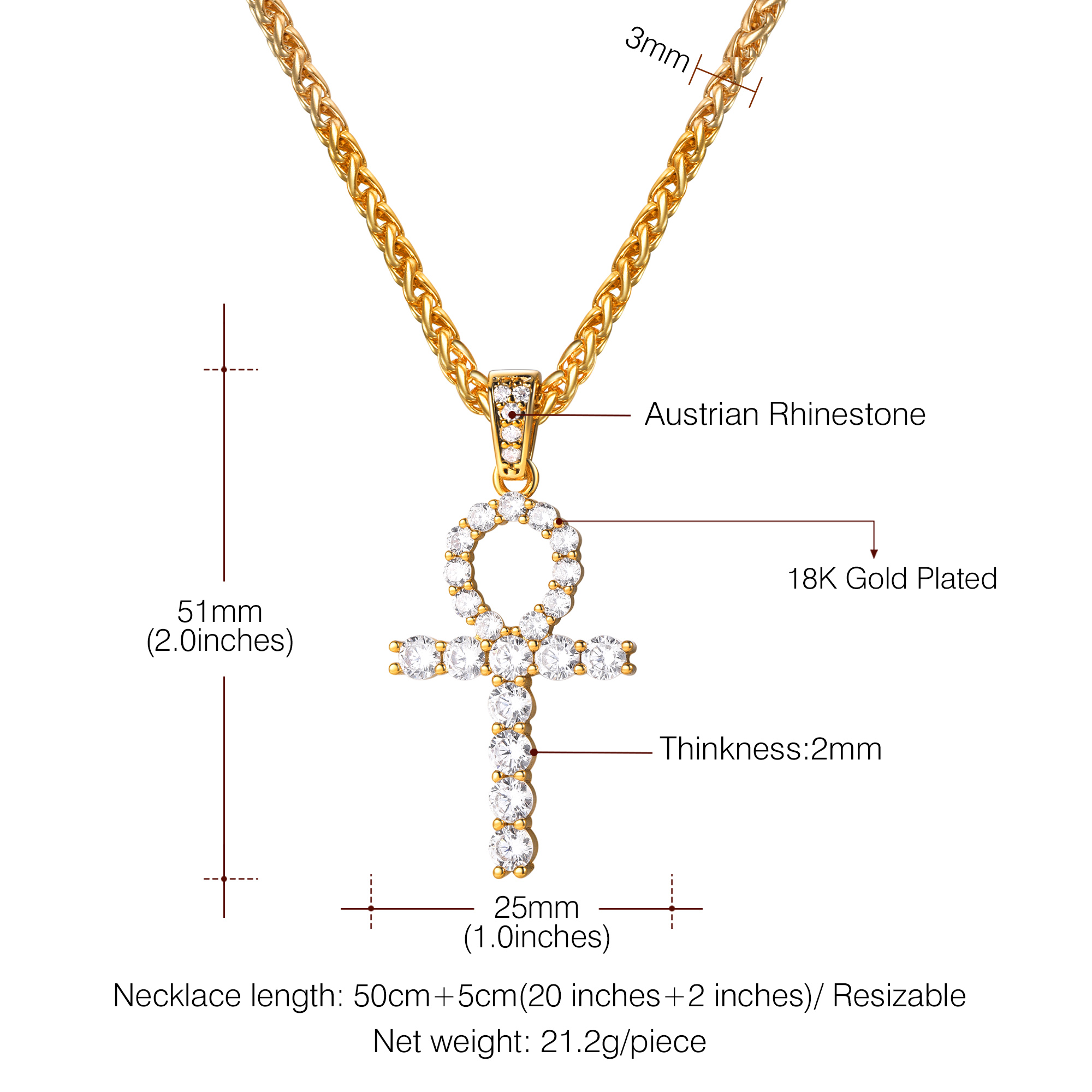 Ankh Cross Pendant Iced Out Egyptian Necklace with CZ Details-Necklace Length, Weight