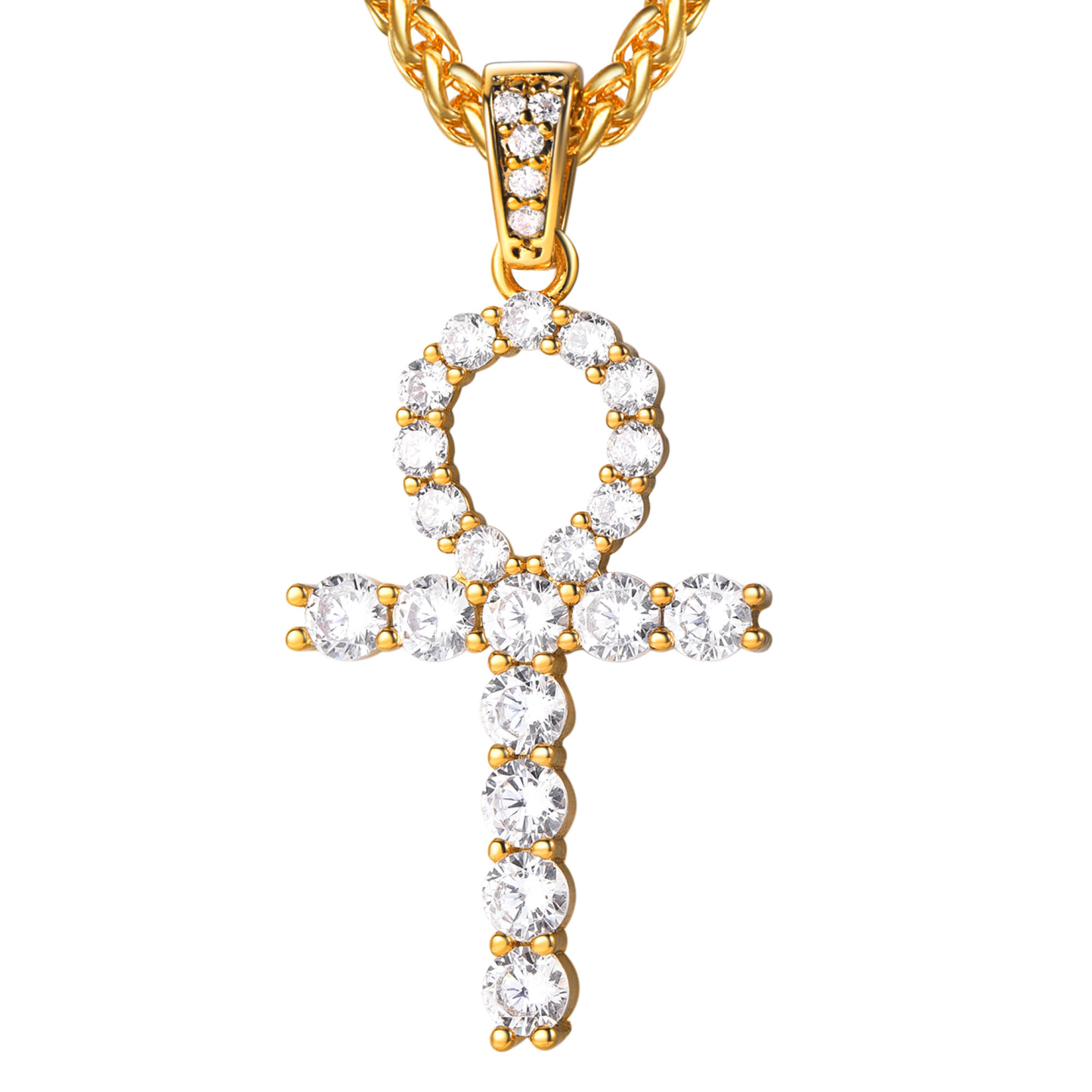 Ankh Cross Pendant Iced Out Egyptian Necklace with CZ in 18K Gold Plated