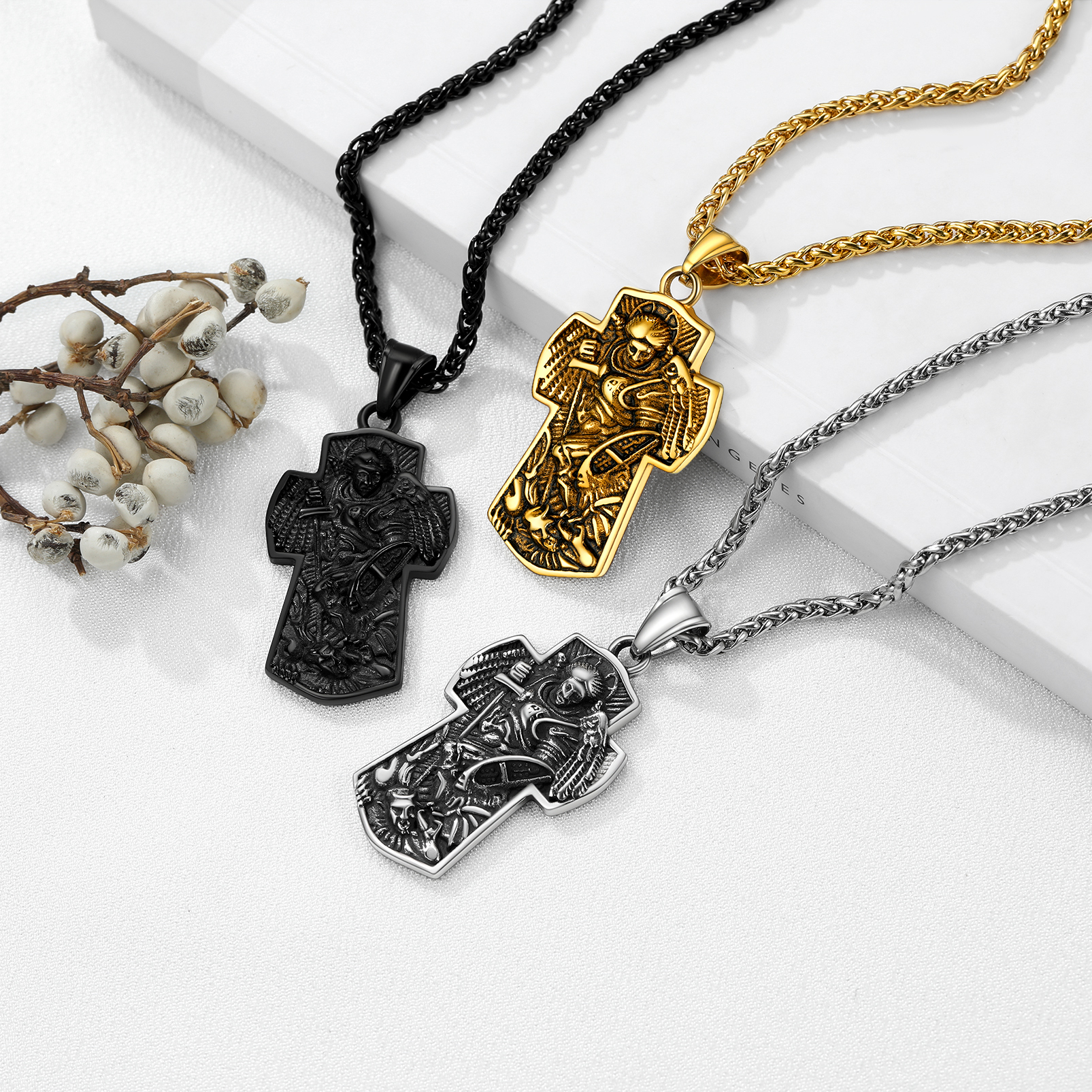 Archangel Saint Michael Pendant Cross Necklace in Different Colors-01