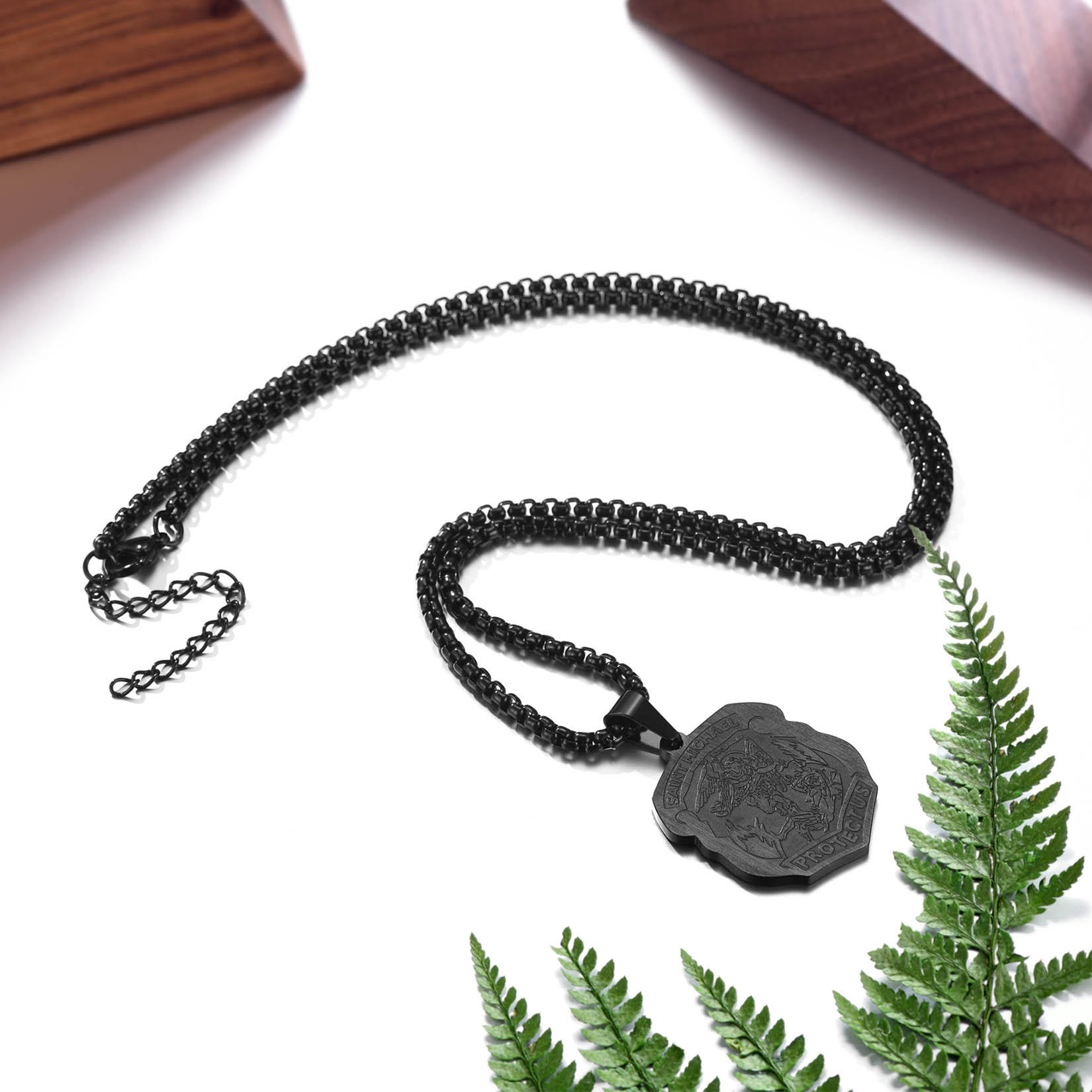 Archangel Saint Michael Pendant Necklace, Black Plated-01