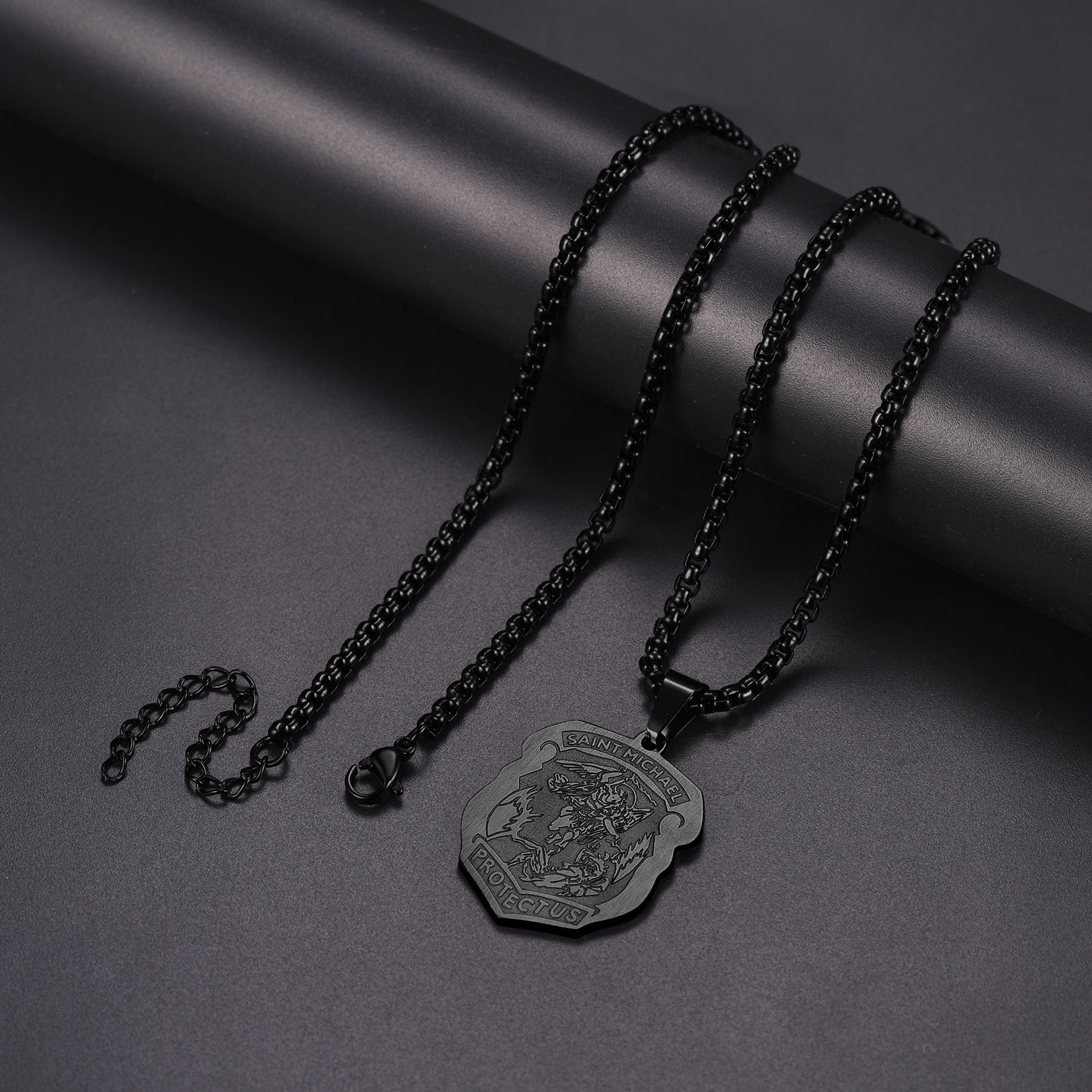 Archangel Saint Michael Pendant Necklace, Black Plated-02