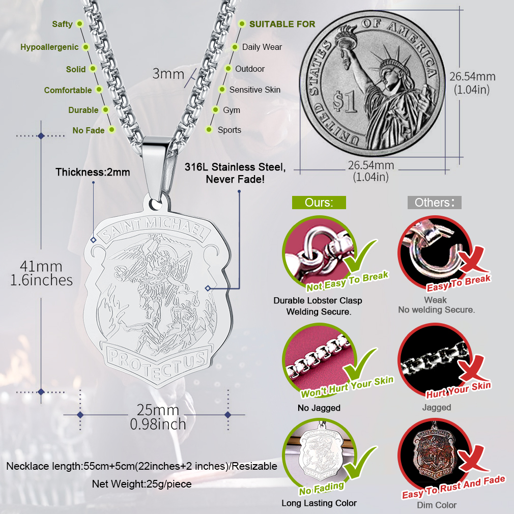 Archangel Saint Michael Pendant Necklace Details-Necklace Length, Weight