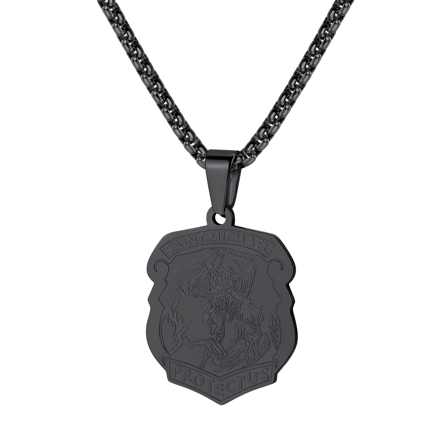 Archangel Saint Michael Pendant Necklace in Black Plated