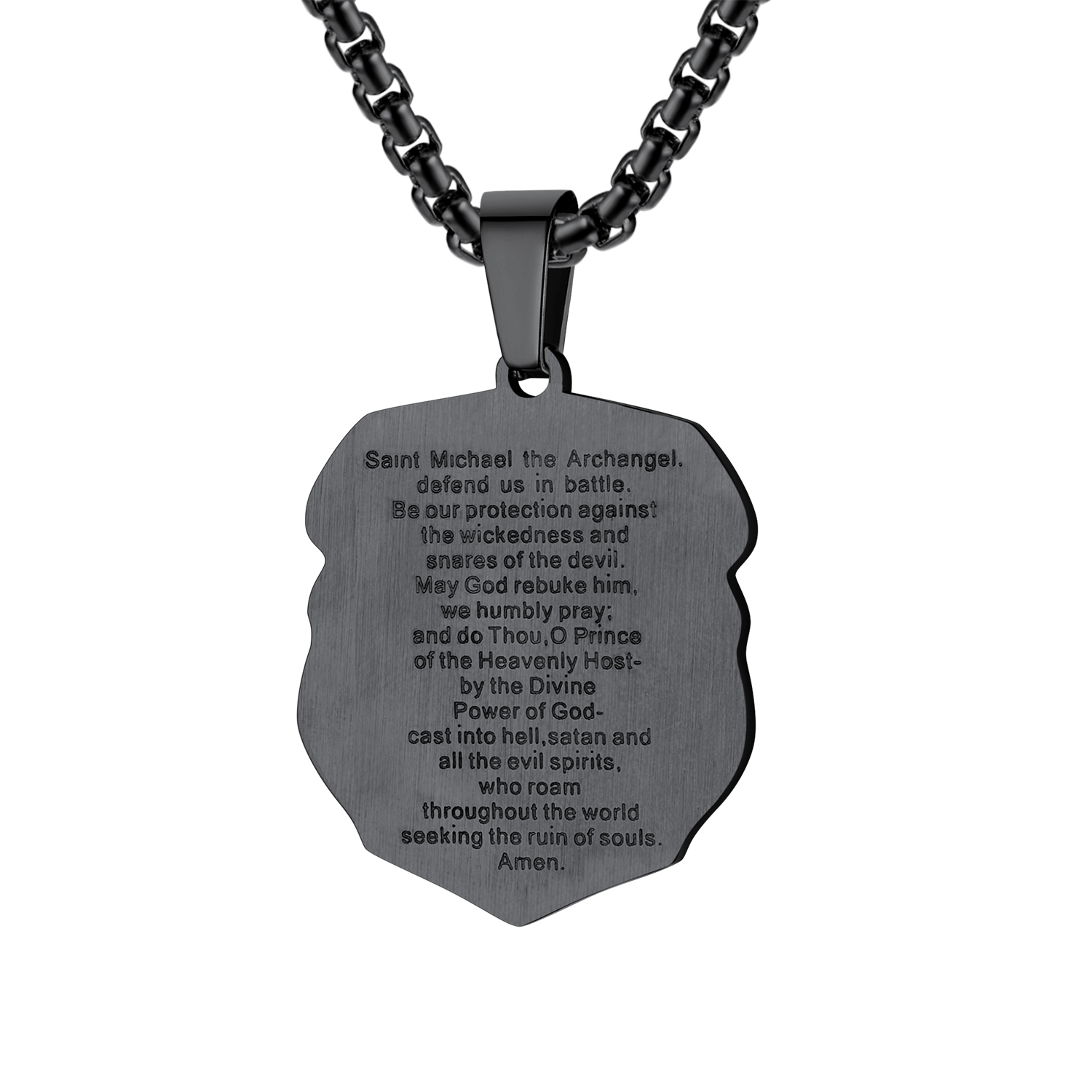 Archangel Saint Michael Pendant Necklace in Black Plated-Backside