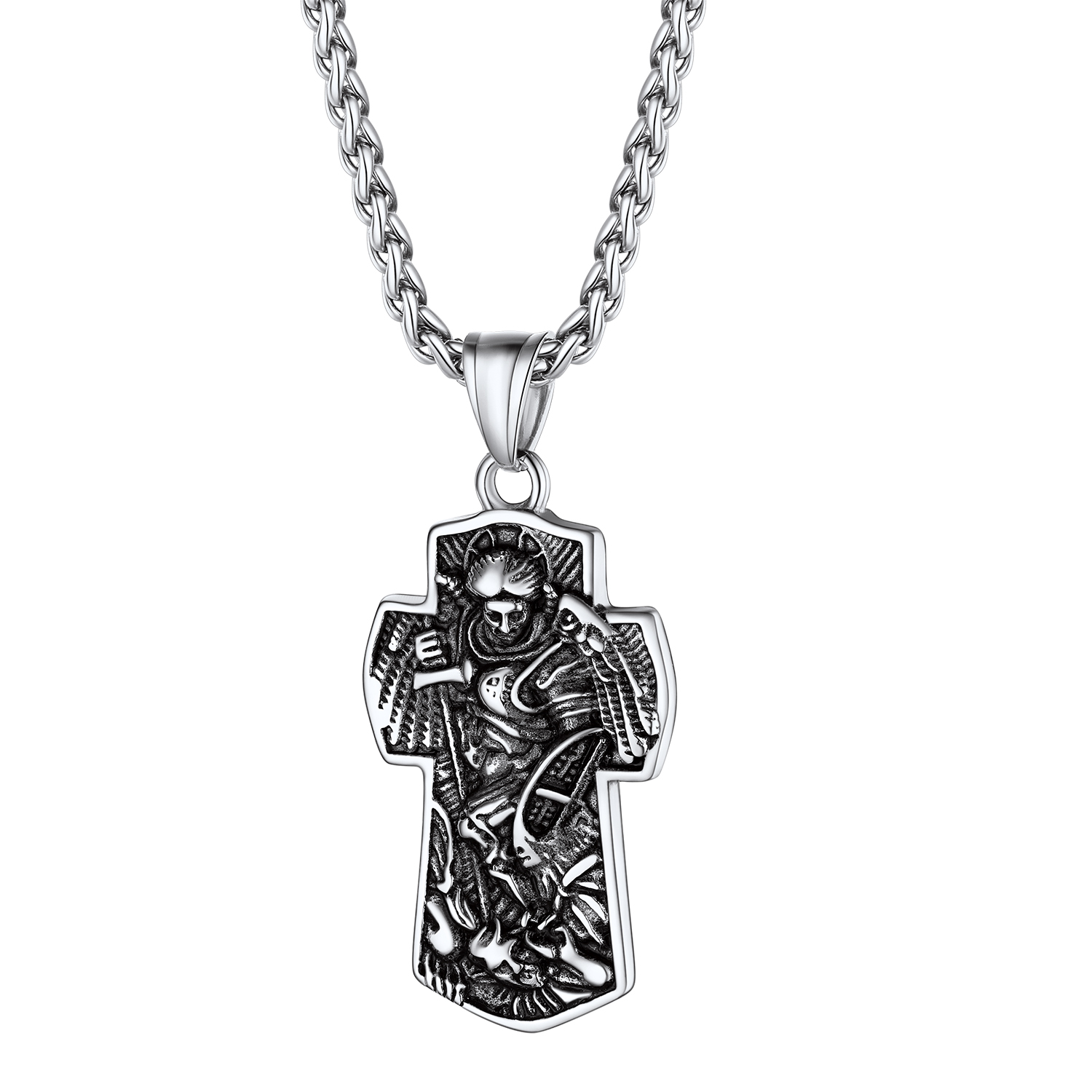 Archangel Saint Michael Pendant Cross Necklace in Stainless Steel