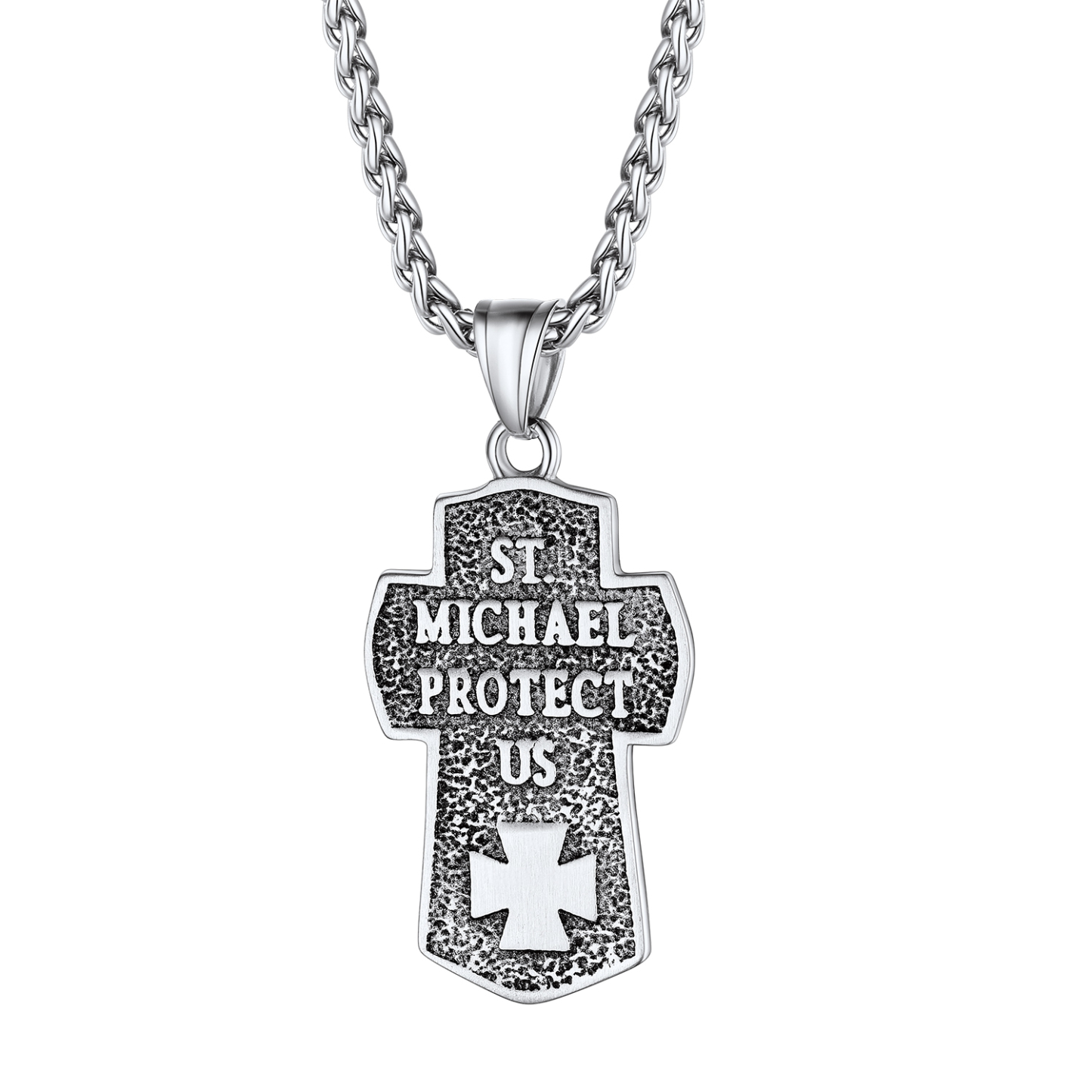 Archangel Saint Michael Pendant Cross Necklace in Stainless Steel-Backside