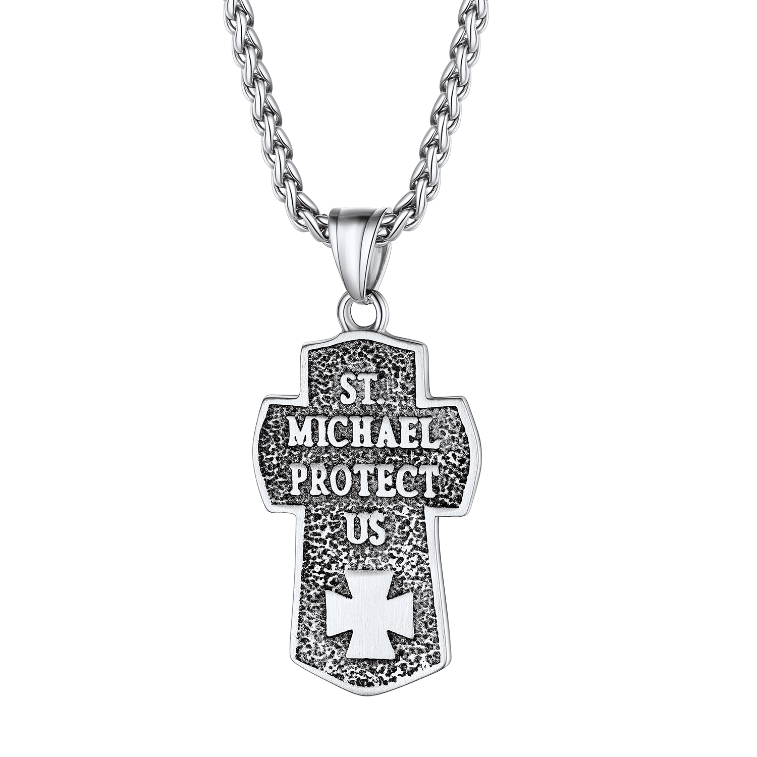 Archangel Saint Michael Pendant Cross Necklace in Stainless Steel-Backside