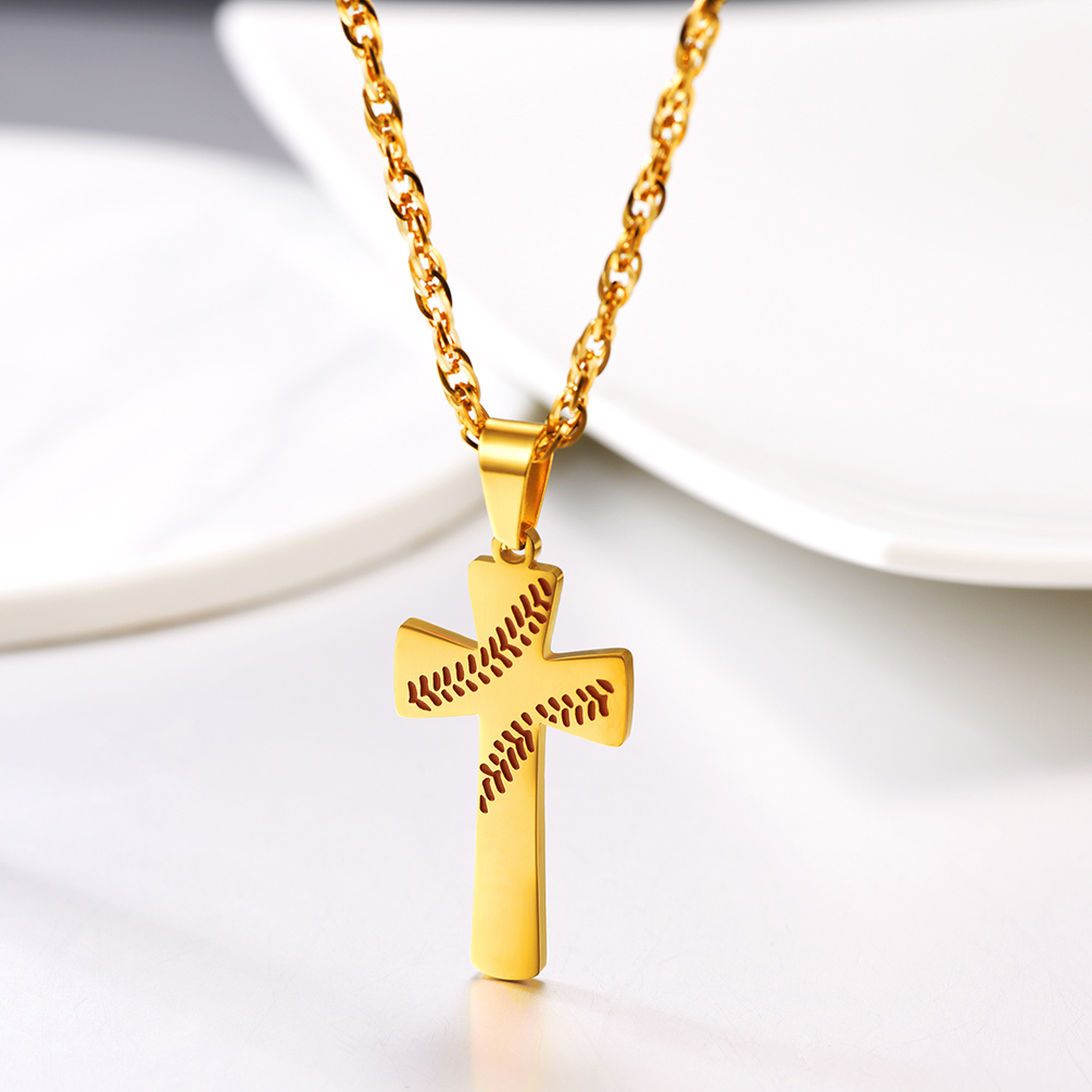 Baseball Cross Pendant Necklace, 18K Gold Plated