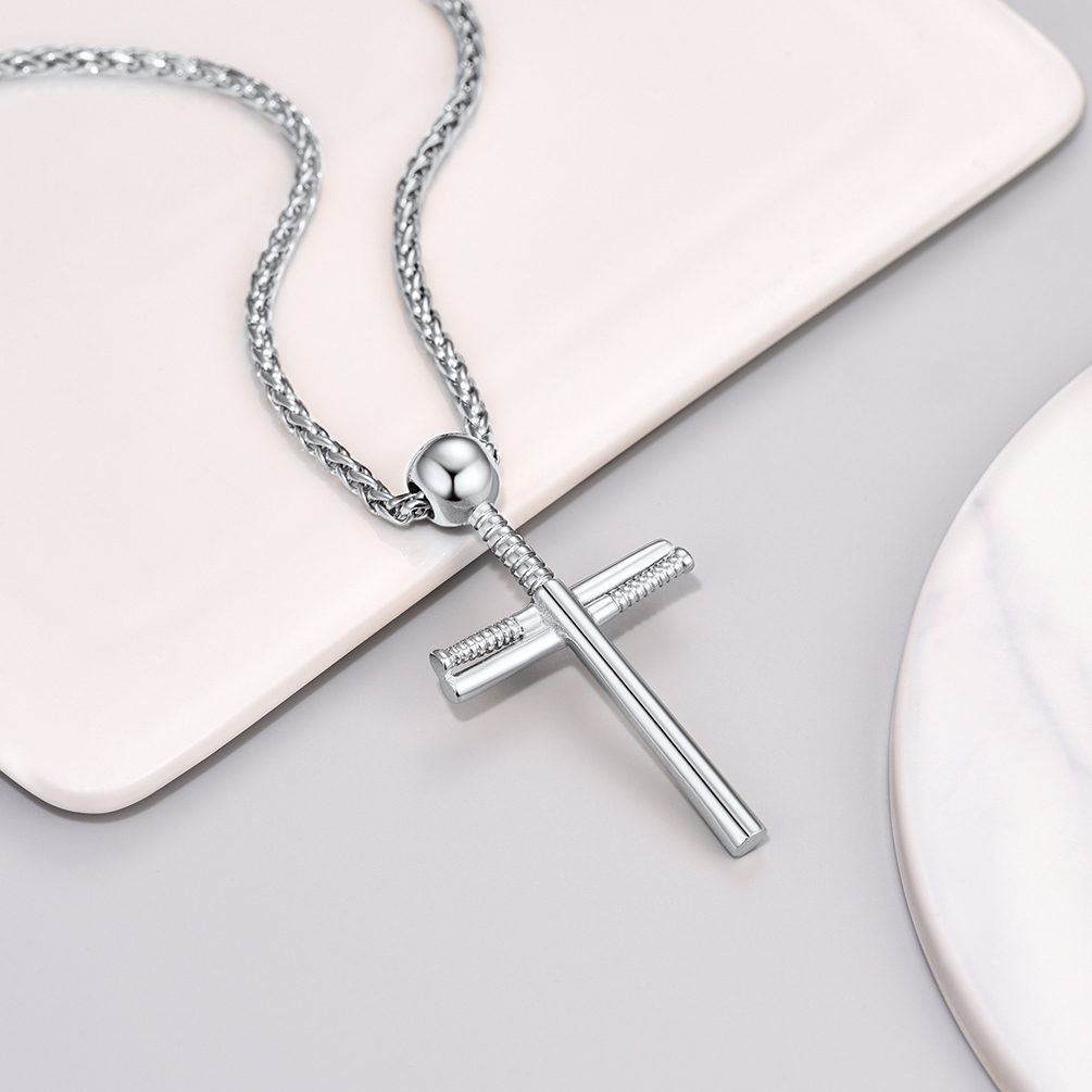 Baseball Cross Pendant Necklace, Stainless Steel-01