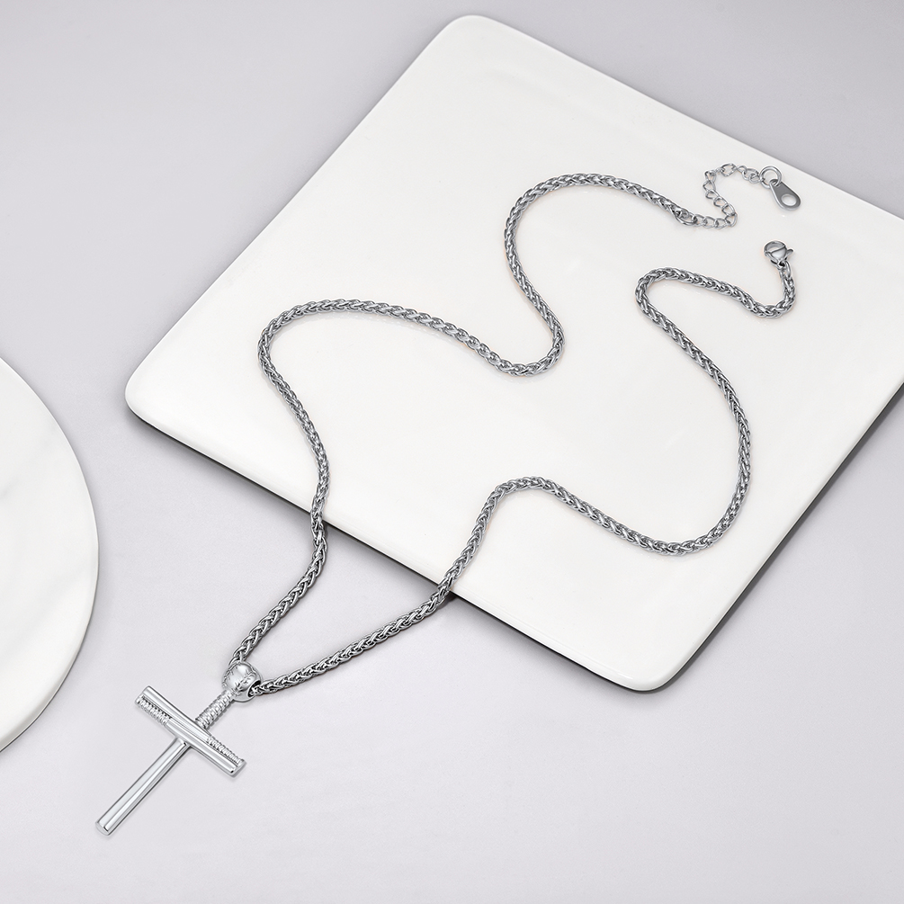 Baseball Cross Pendant Necklace, Stainless Steel-02