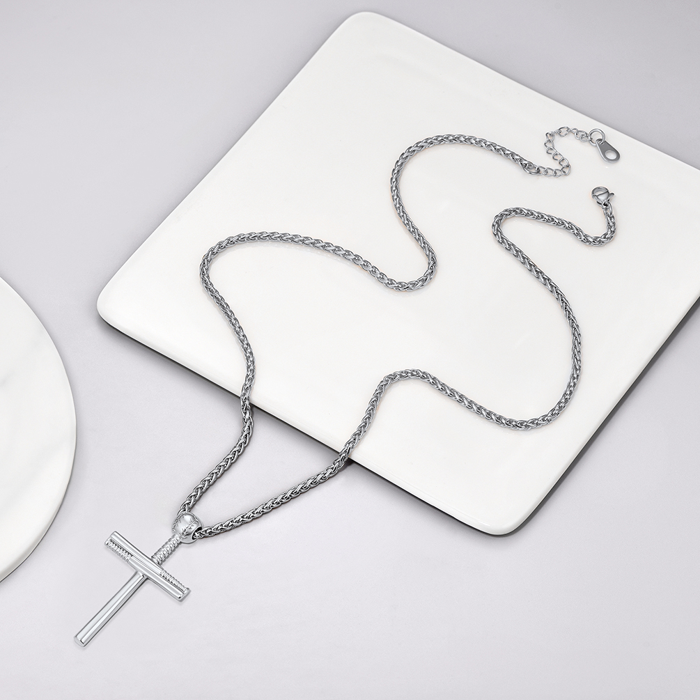 Baseball Cross Pendant Necklace, Stainless Steel-02
