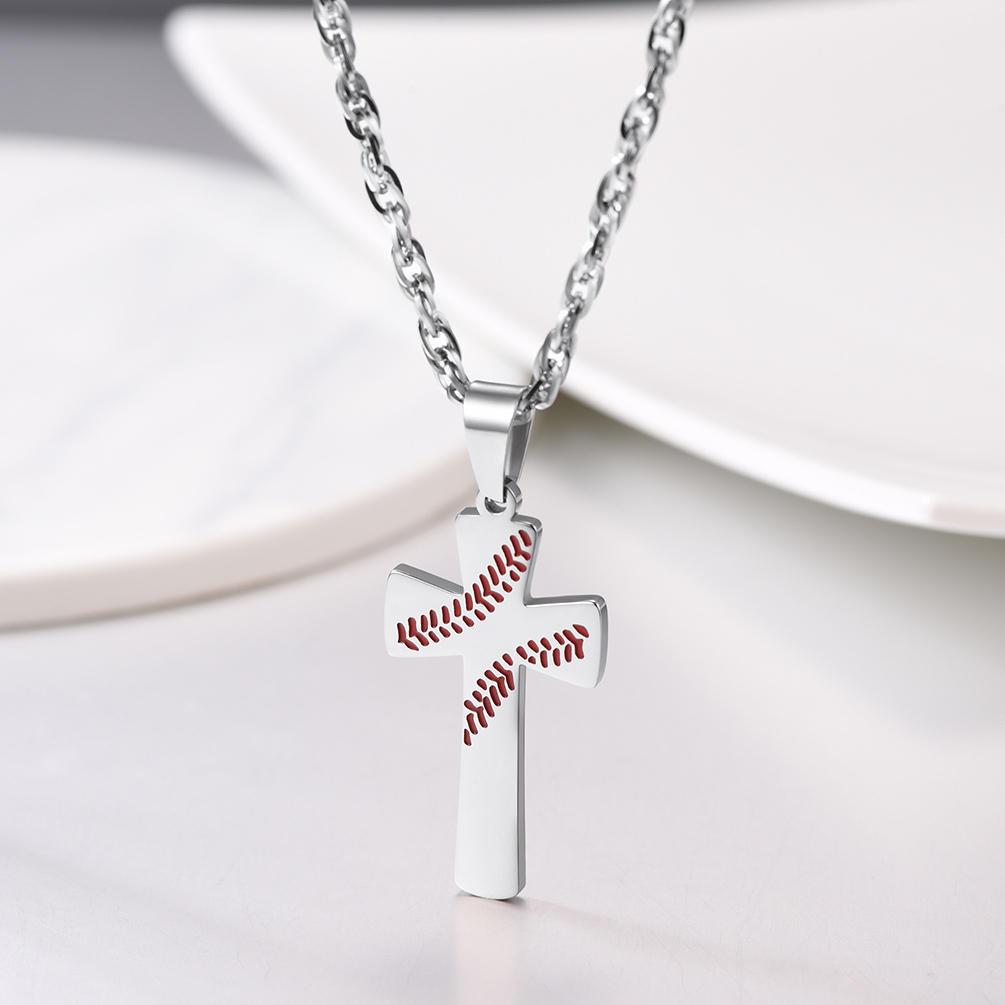 Baseball Cross Pendant Necklace, Stainless Steel