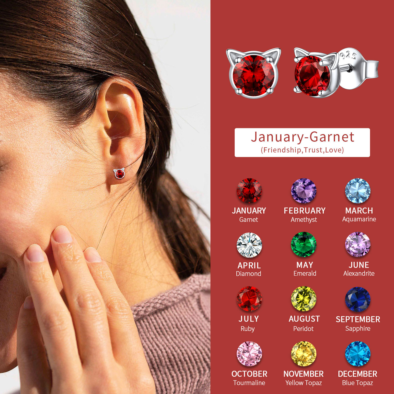 Birthday Month Cute Cat Stud Earrings