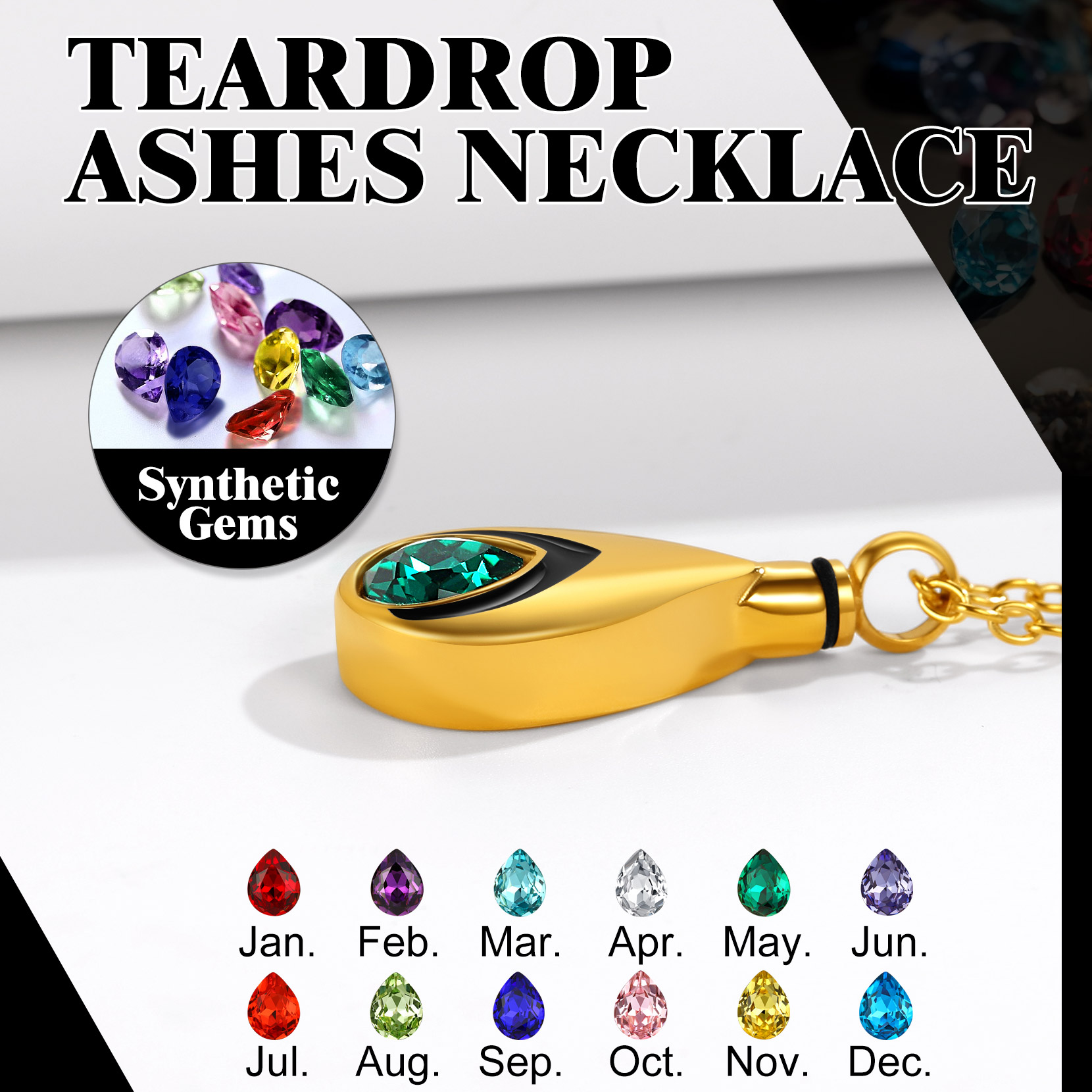 Birthday Month Teardrop Cremation Urn Necklace in 18K Gold Plated