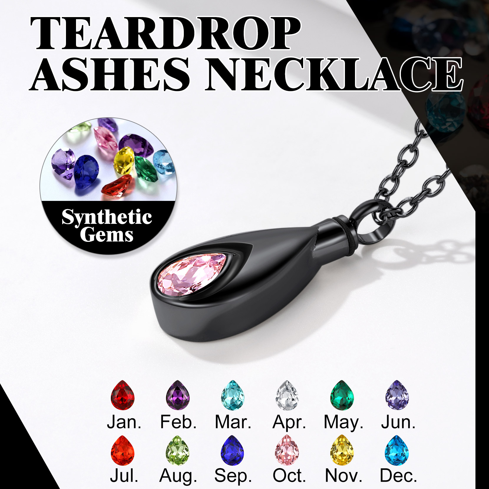 Birthday Month Teardrop Cremation Urn Necklace in Black Plated