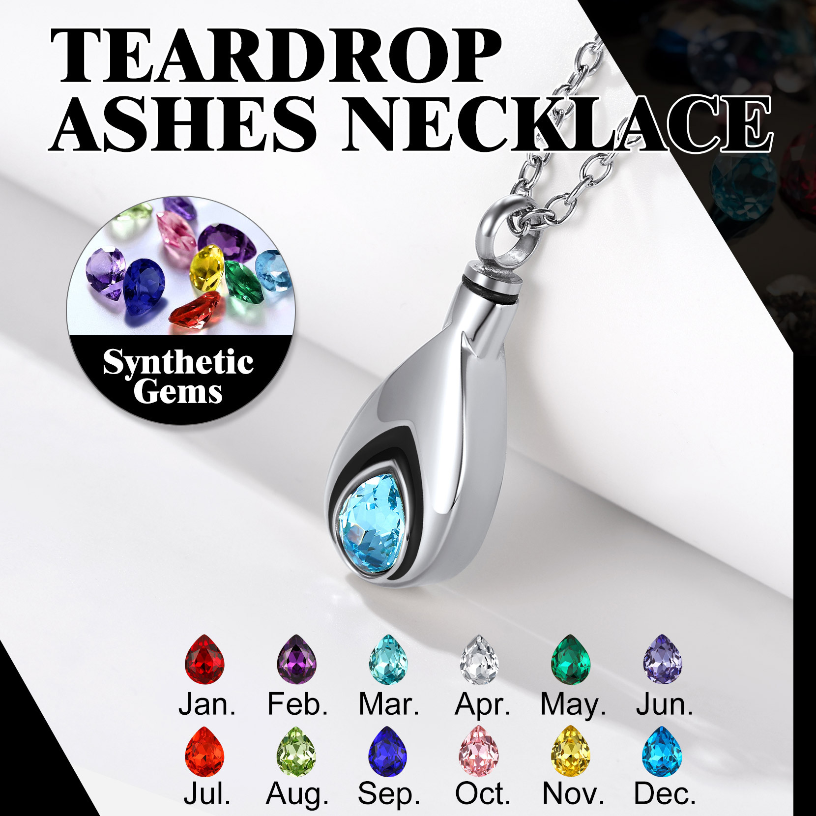 Birthday Month Teardrop Cremation Urn Necklace in Stainless