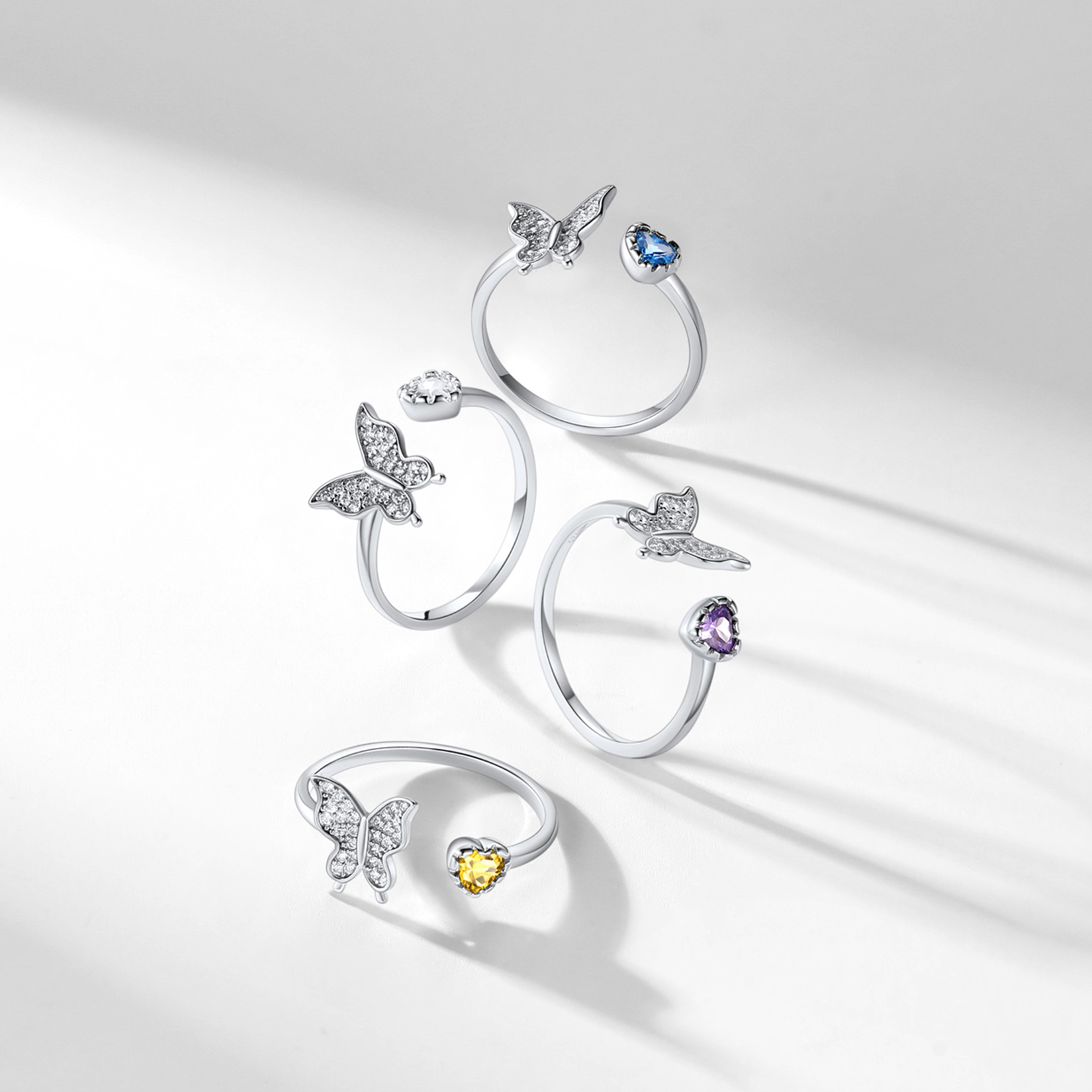 Birthstone Butterfly Heart Ring in Different Month Colors-02