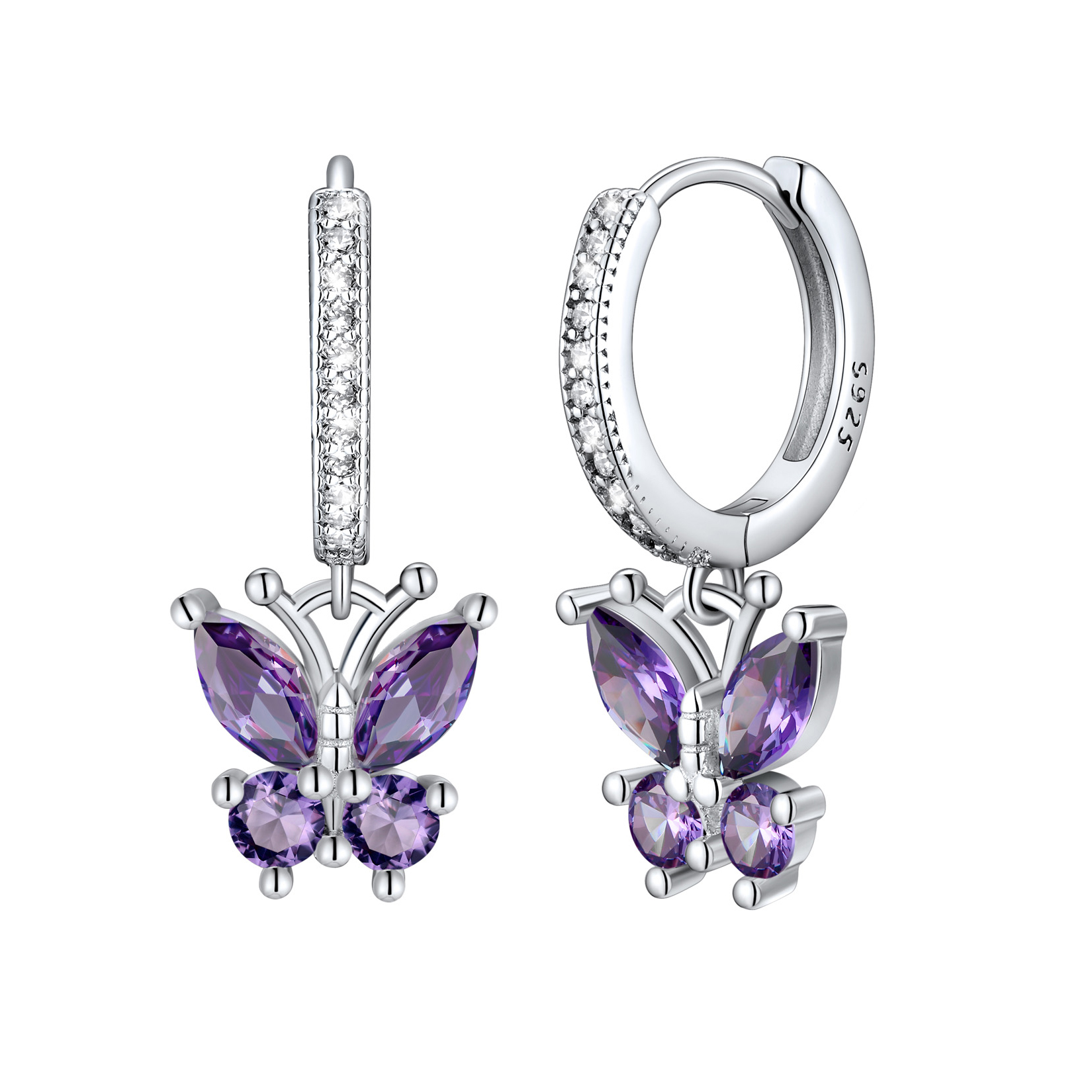 Birthstone Butterfly Huggie Hoop Earrings in Amethyst