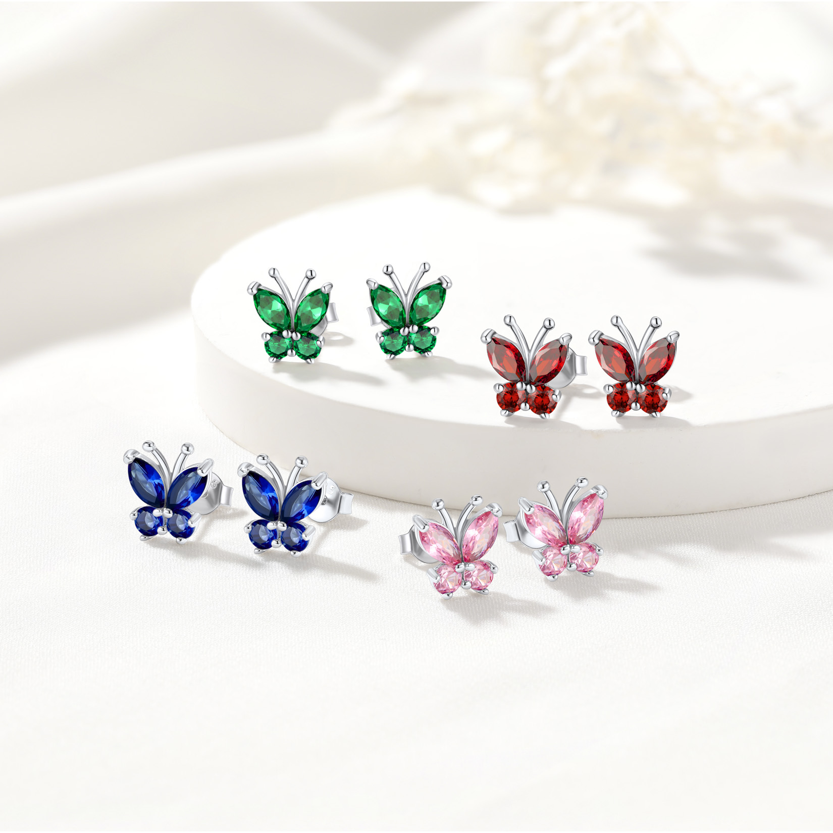 Birthstone Butterfly Stud Earrings in Different Month Colors-01