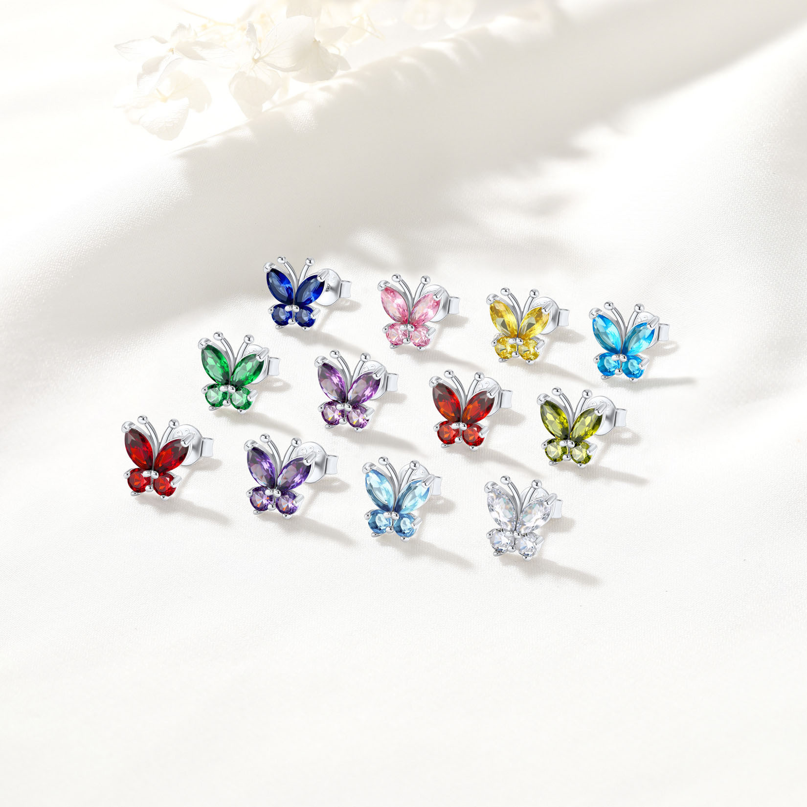 Birthstone Butterfly Stud Earrings in Different Month Colors-03