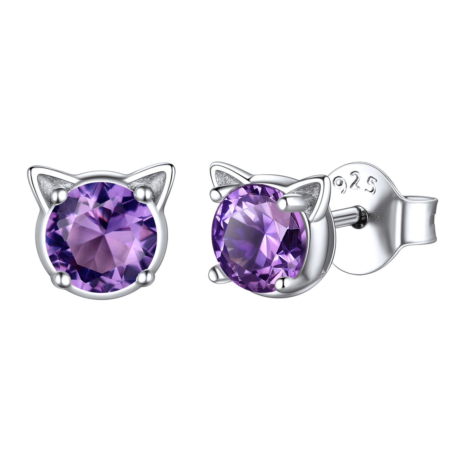 Birthstone Cute Cat Stud Earrings in Amethyst