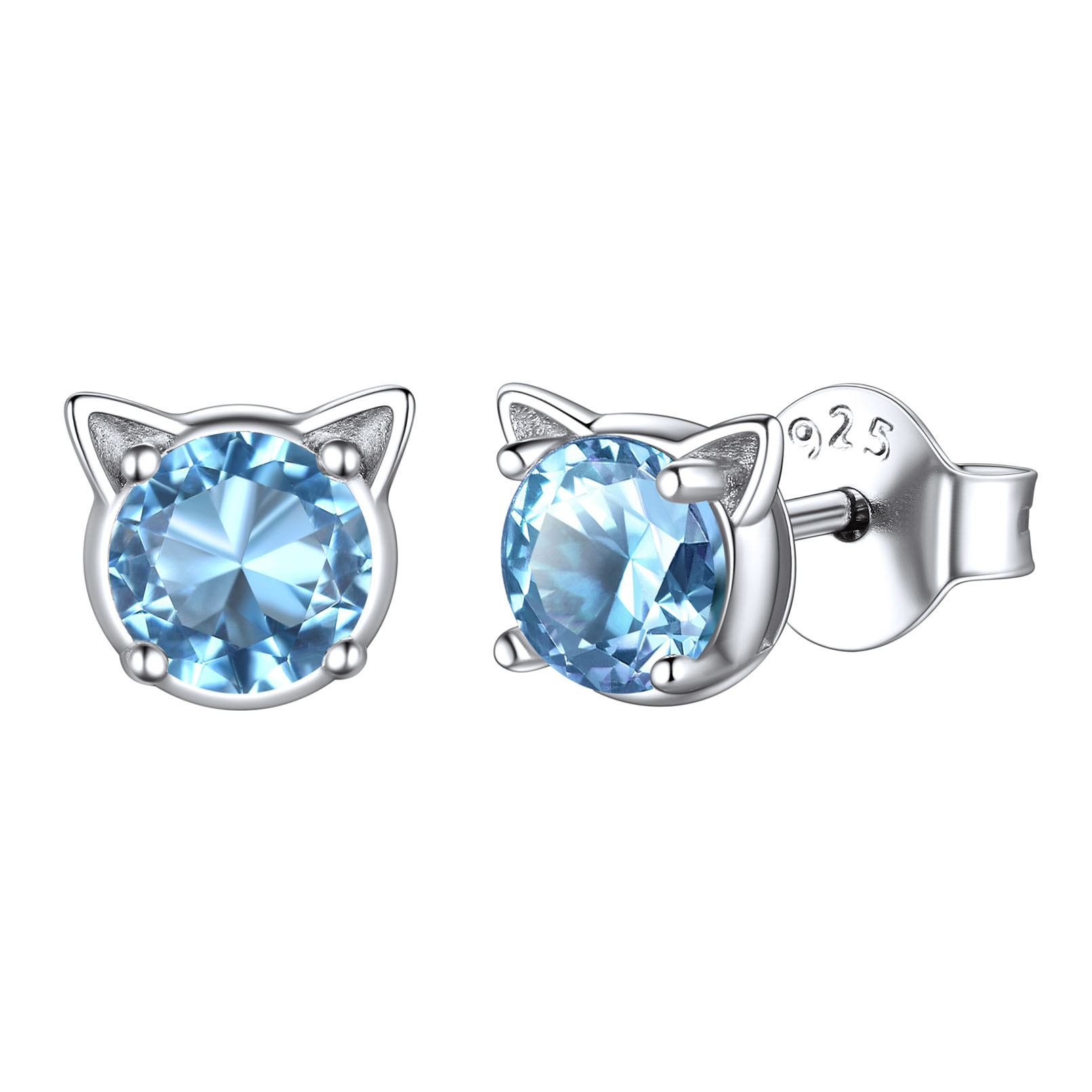Birthstone Cute Cat Stud Earrings in Aquamarine