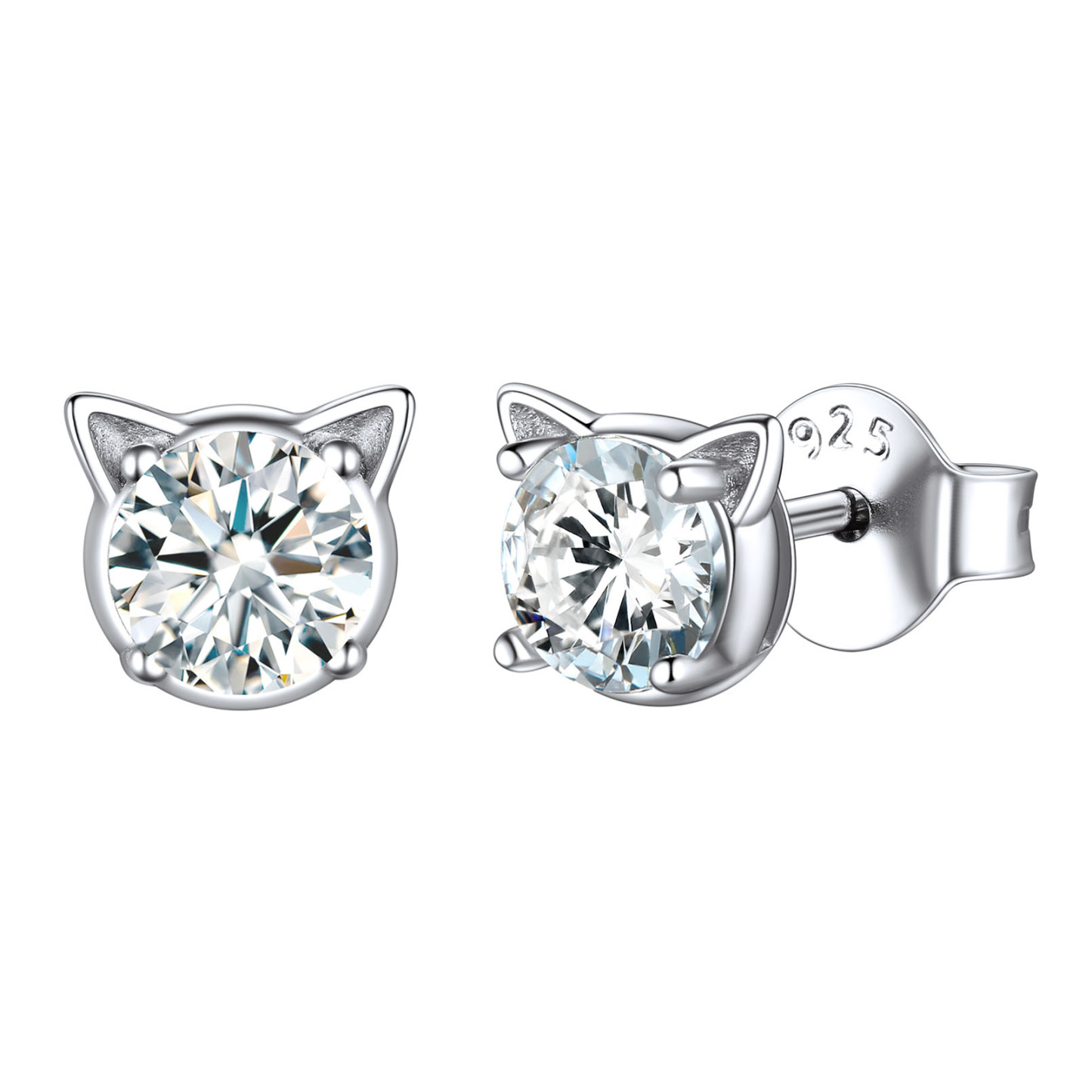 Birthstone Cute Cat Stud Earrings in Diamond