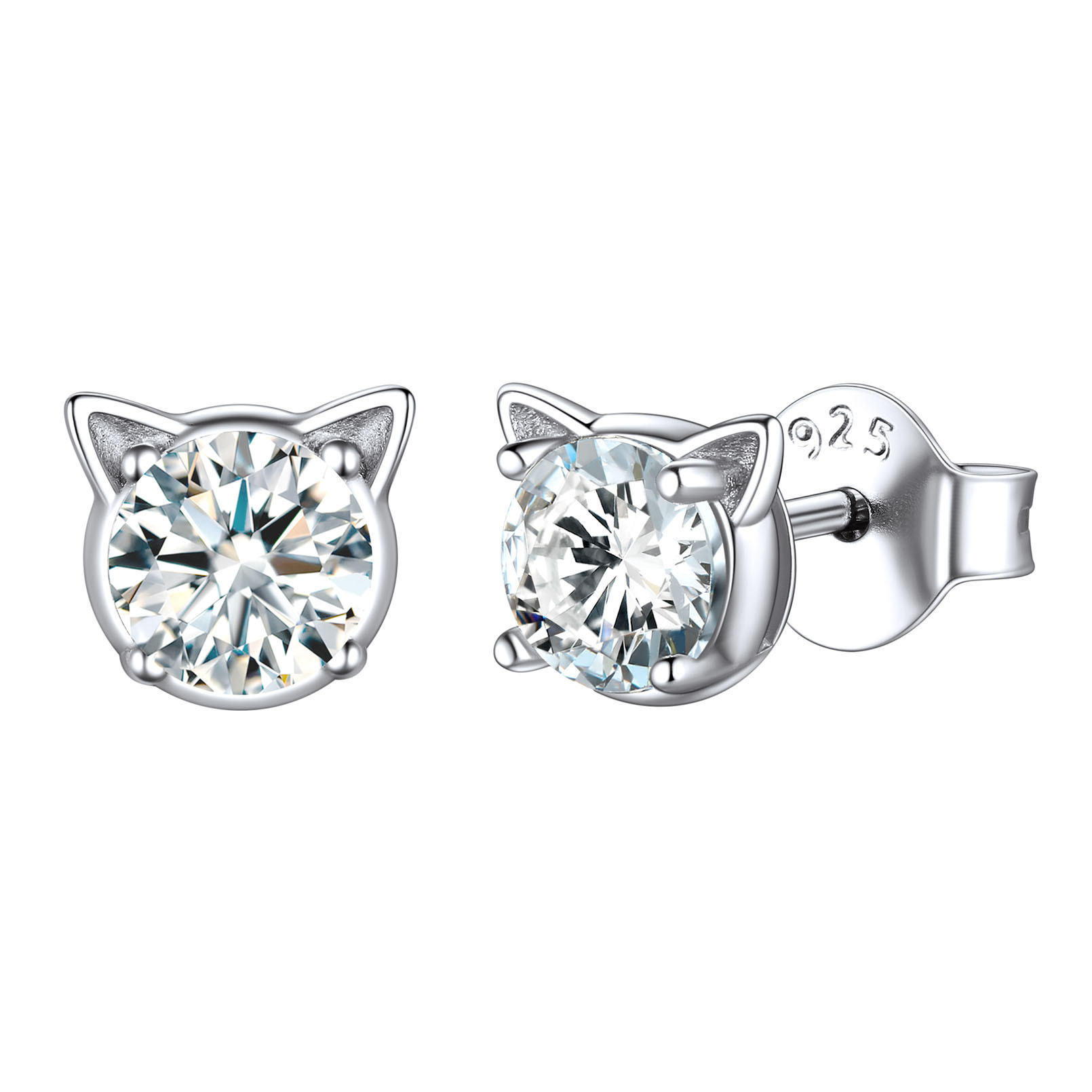 Birthstone Cute Cat Stud Earrings in Diamond