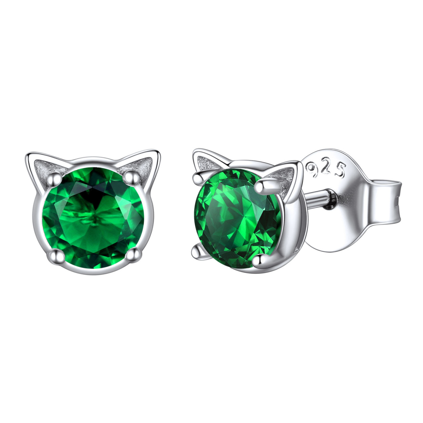 Birthstone Cute Cat Stud Earrings in Silver