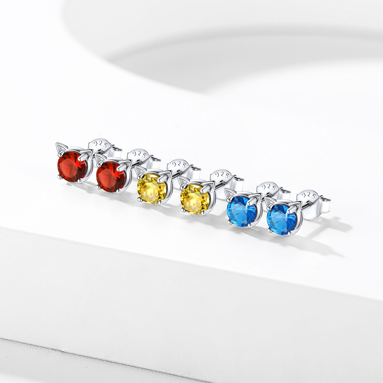 Birthstone Cute Cate Stud Earrings in Different Month Colors-01