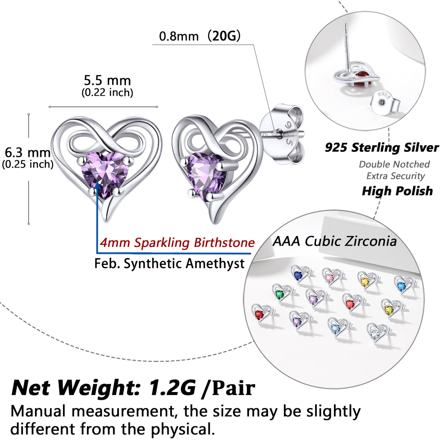 Birthstone Infinity Heart Stud Details-Earrings Size, Weight