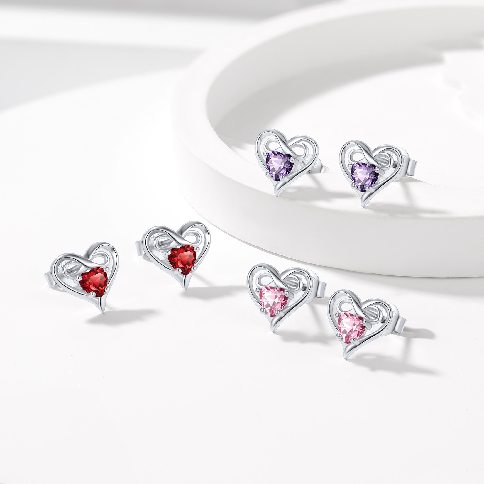 Birthstone Infinity Heart Stud Earrings in Different Month Colors-01