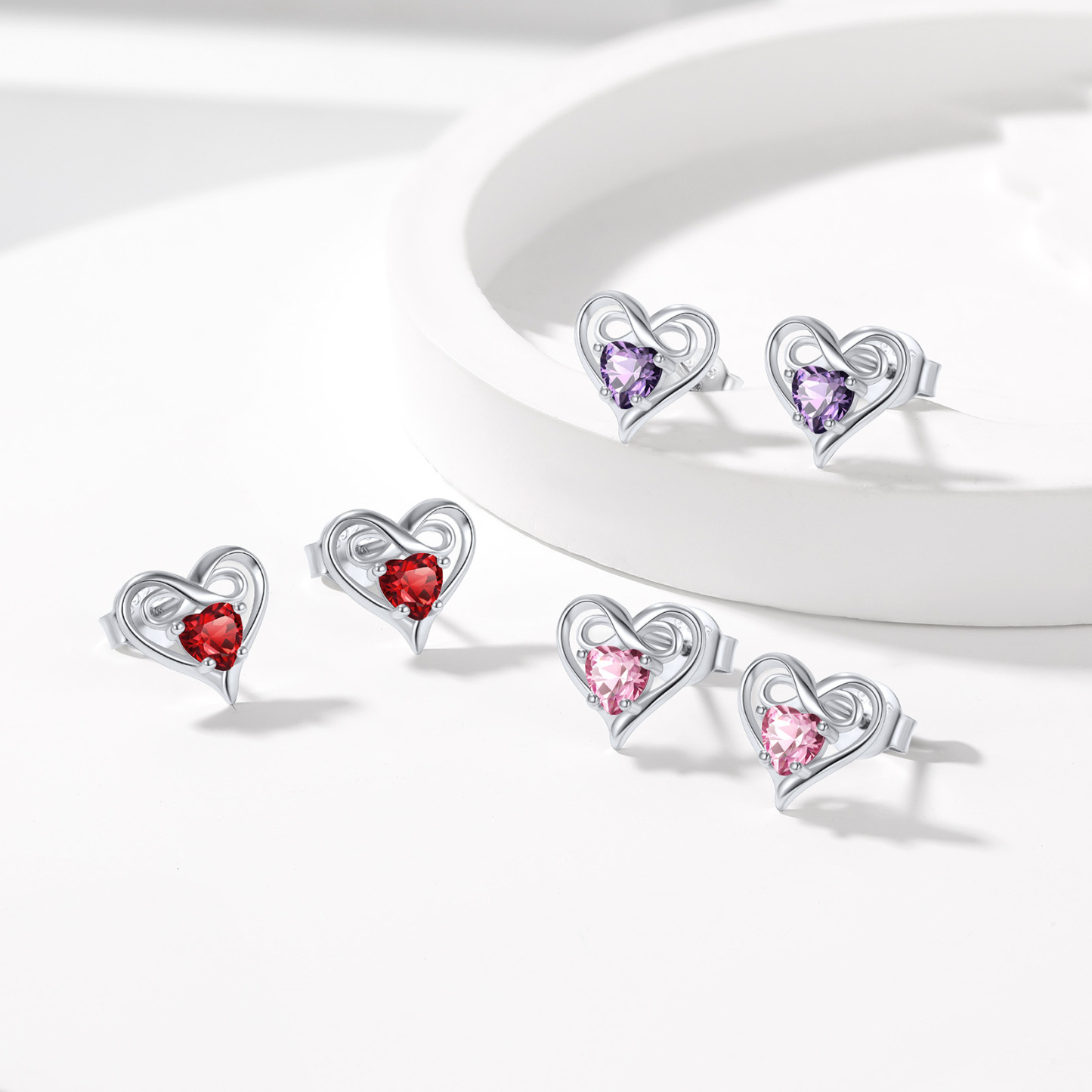 Birthstone Infinity Heart Stud Earrings in Different Month Colors-01