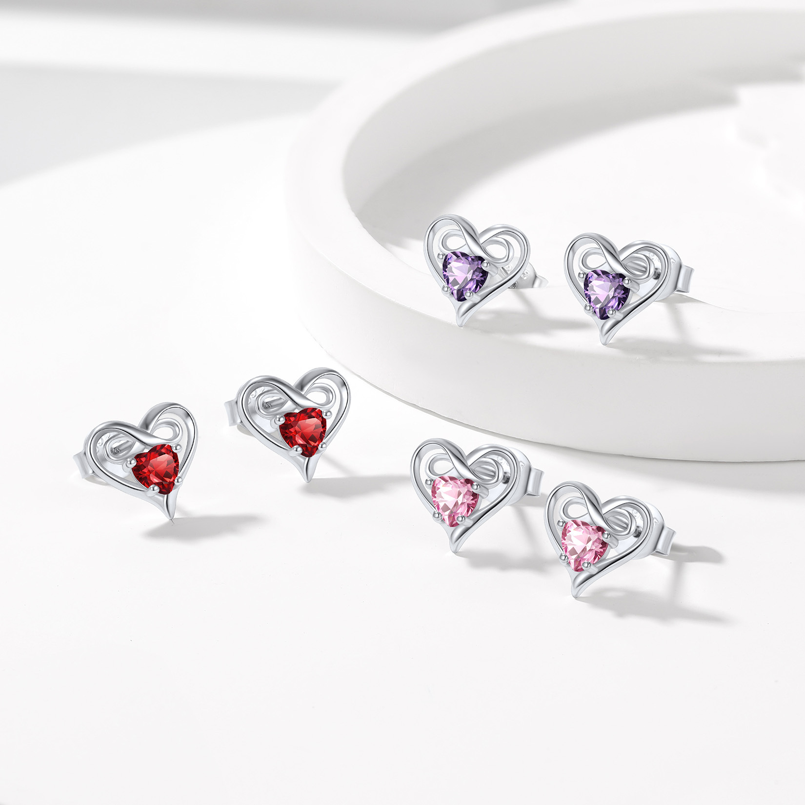 Birthstone Infinity Heart Stud Earrings in Different Month Colors-01