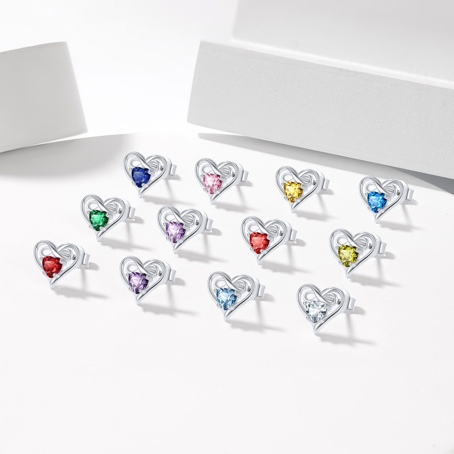 Birthstone Infinity Heart Stud Earrings in Different Month Colors-02