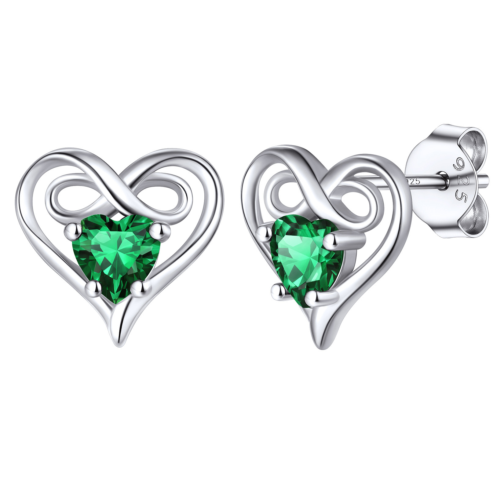 Birthstone Infinity Heart Stud Earrings in Emerald